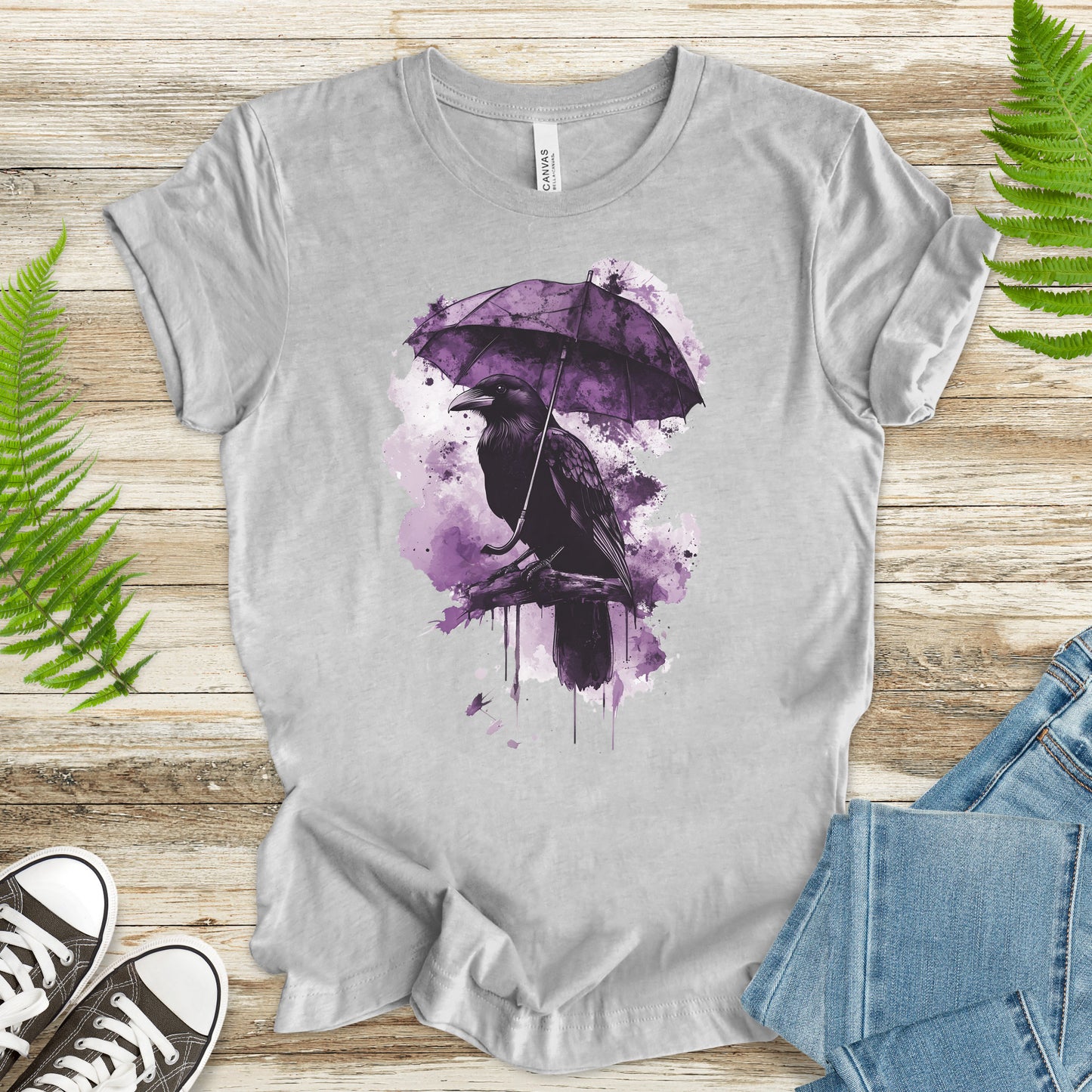 Crow with Umbrella T-Shirt – Moody Watercolor Raven Rain Lover Tee