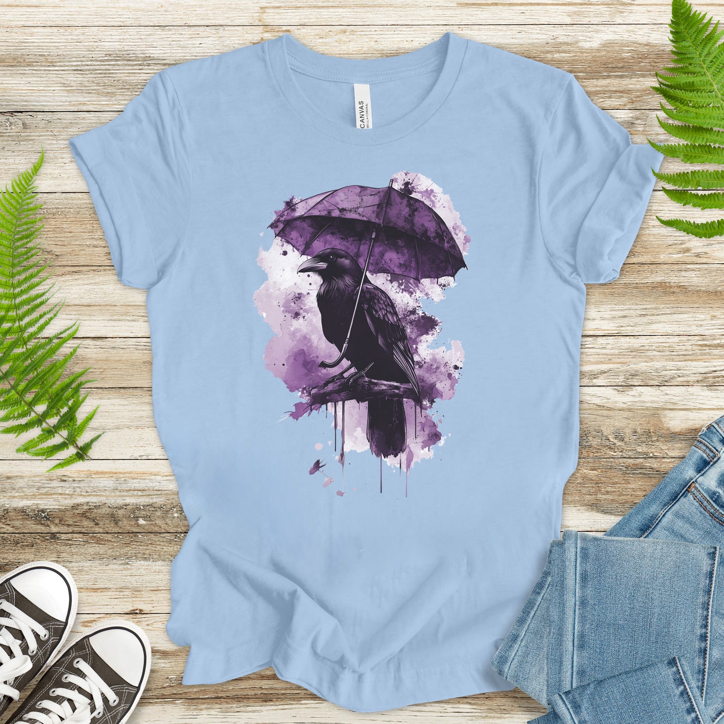 Crow with Umbrella T-Shirt – Moody Watercolor Raven Rain Lover Tee