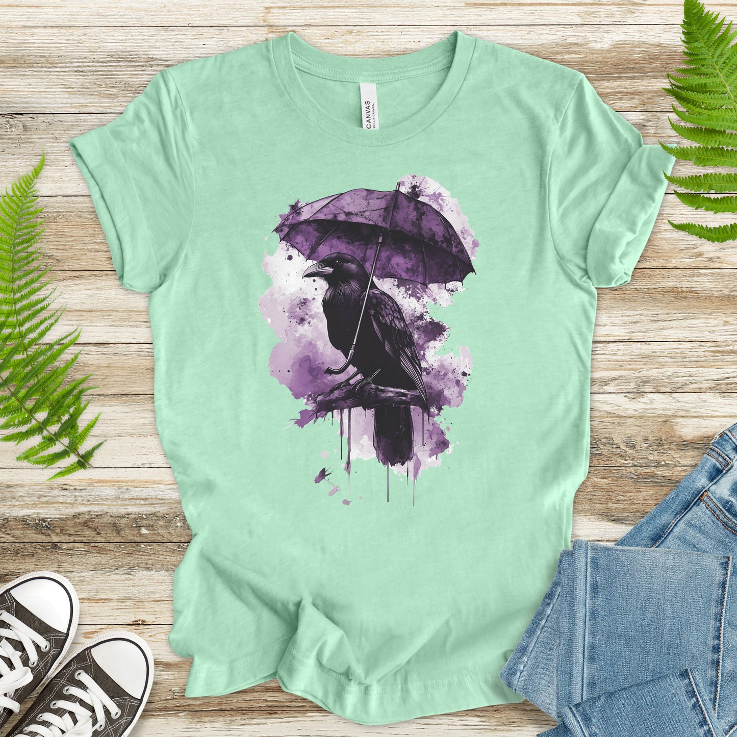 Crow with Umbrella T-Shirt – Moody Watercolor Raven Rain Lover Tee