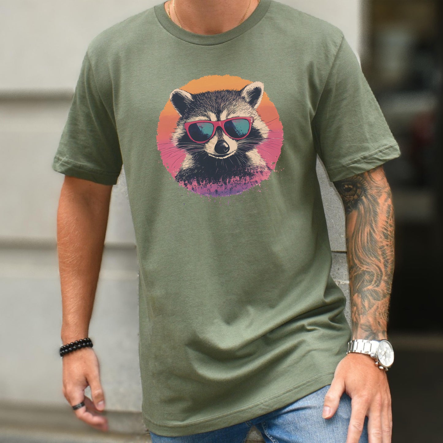 Retro Raccoon & Vintage Sun T-Shirt