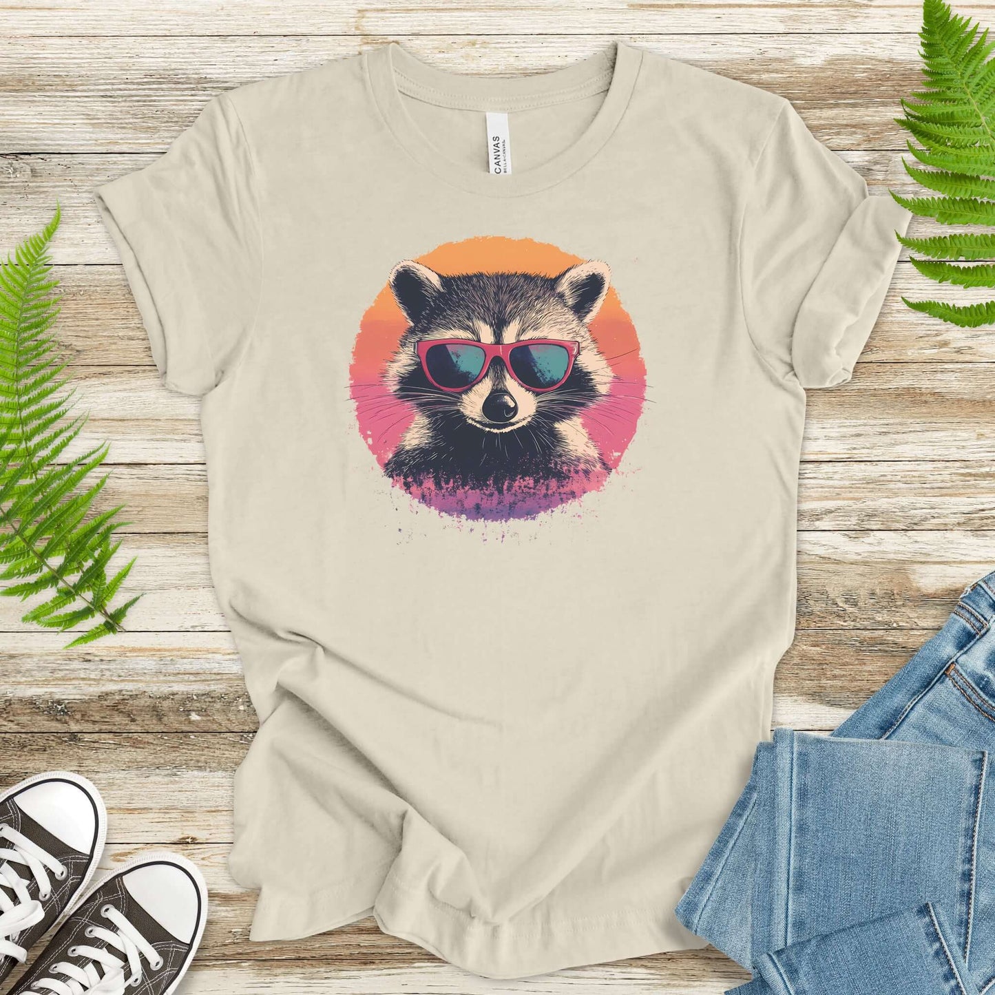 Retro Raccoon & Vintage Sun T-Shirt