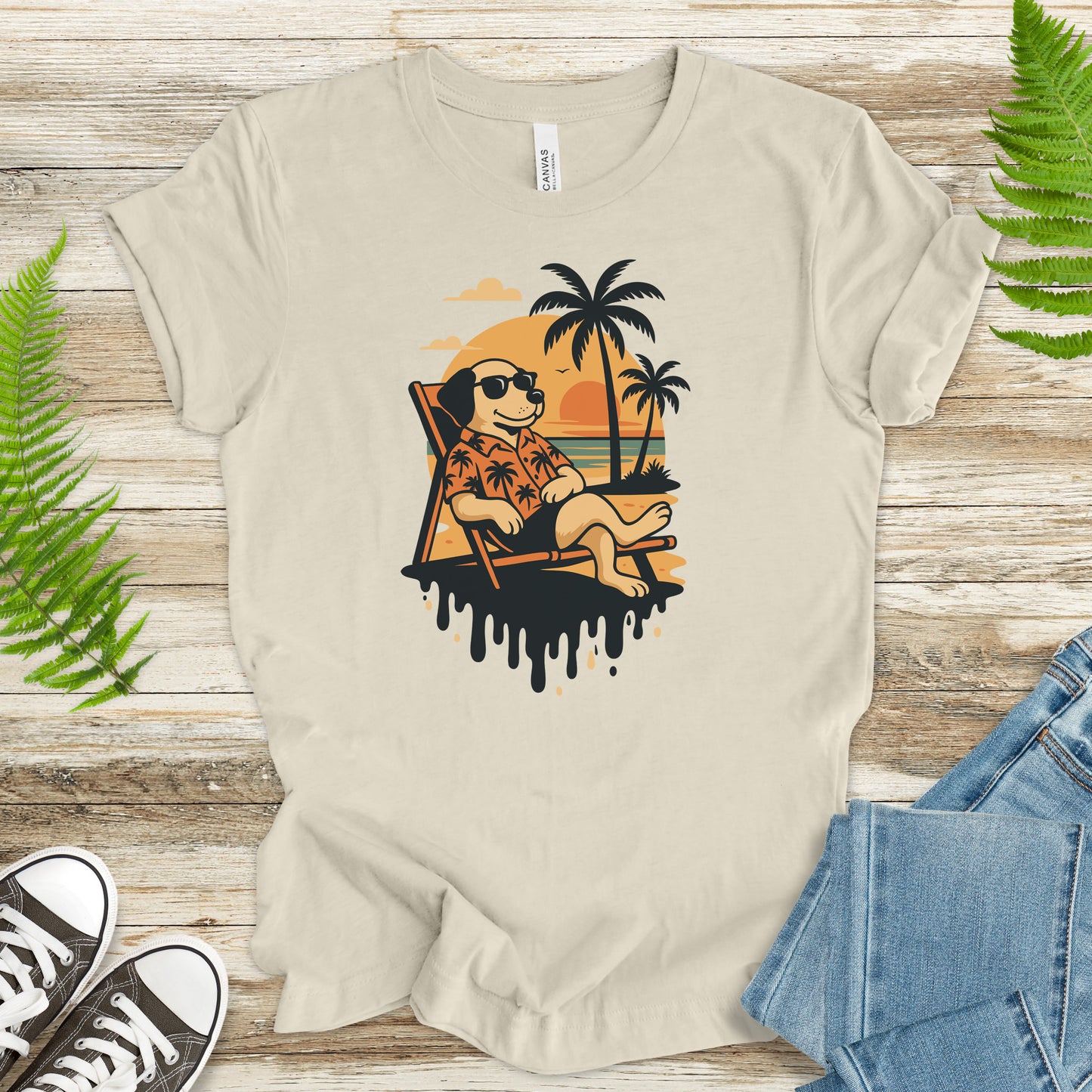 Vacation Dog Sunset T-Shirt – Funny Retro Beach Vibes Tee