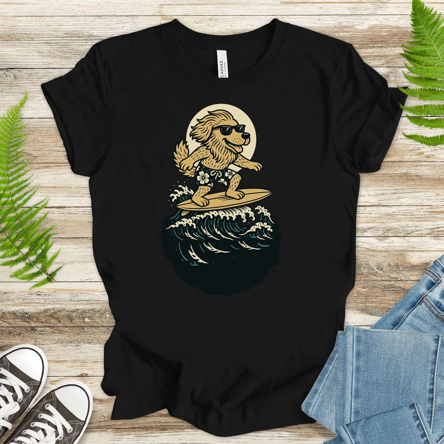Funny t-shirt featuring a cool dog surfing in sunglasses, perfect for fantasy lovers and animal enthusiasts.