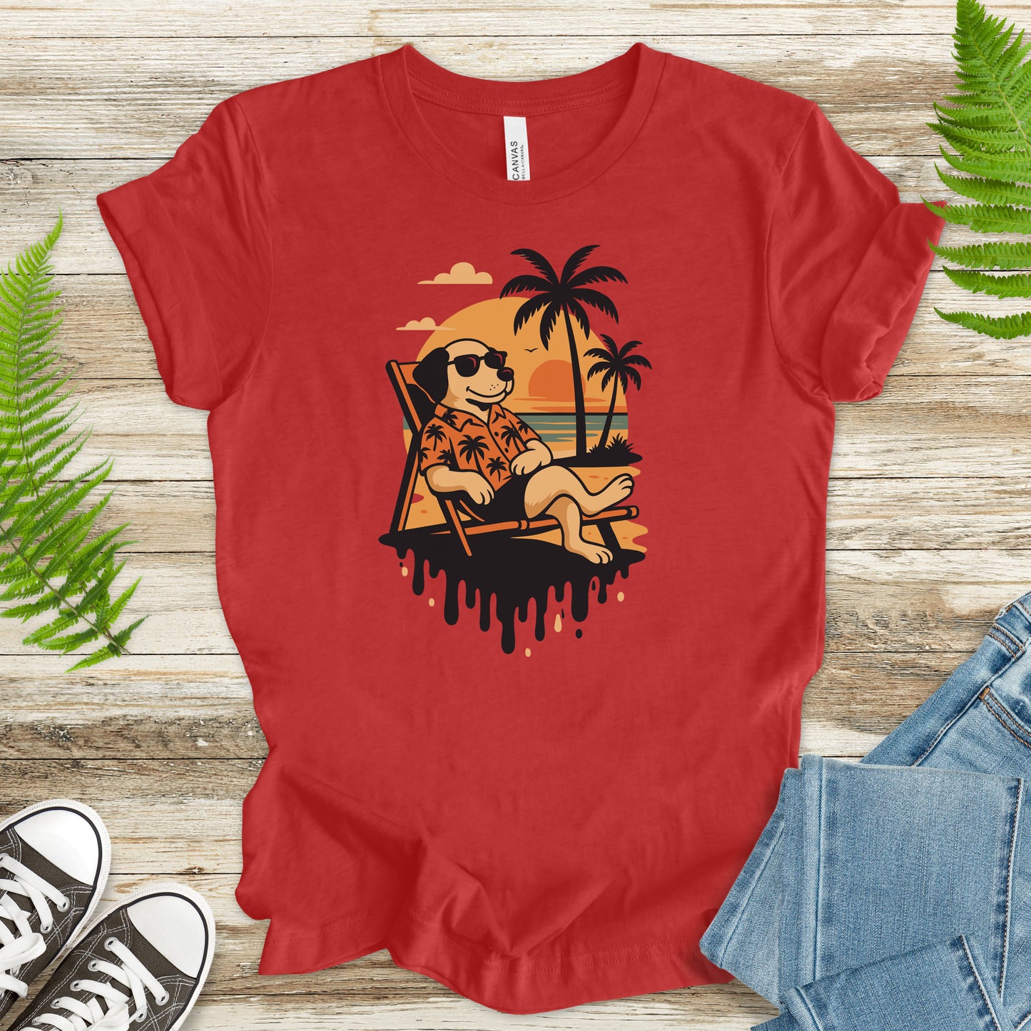Vacation Dog Sunset T-Shirt – Funny Retro Beach Vibes Tee