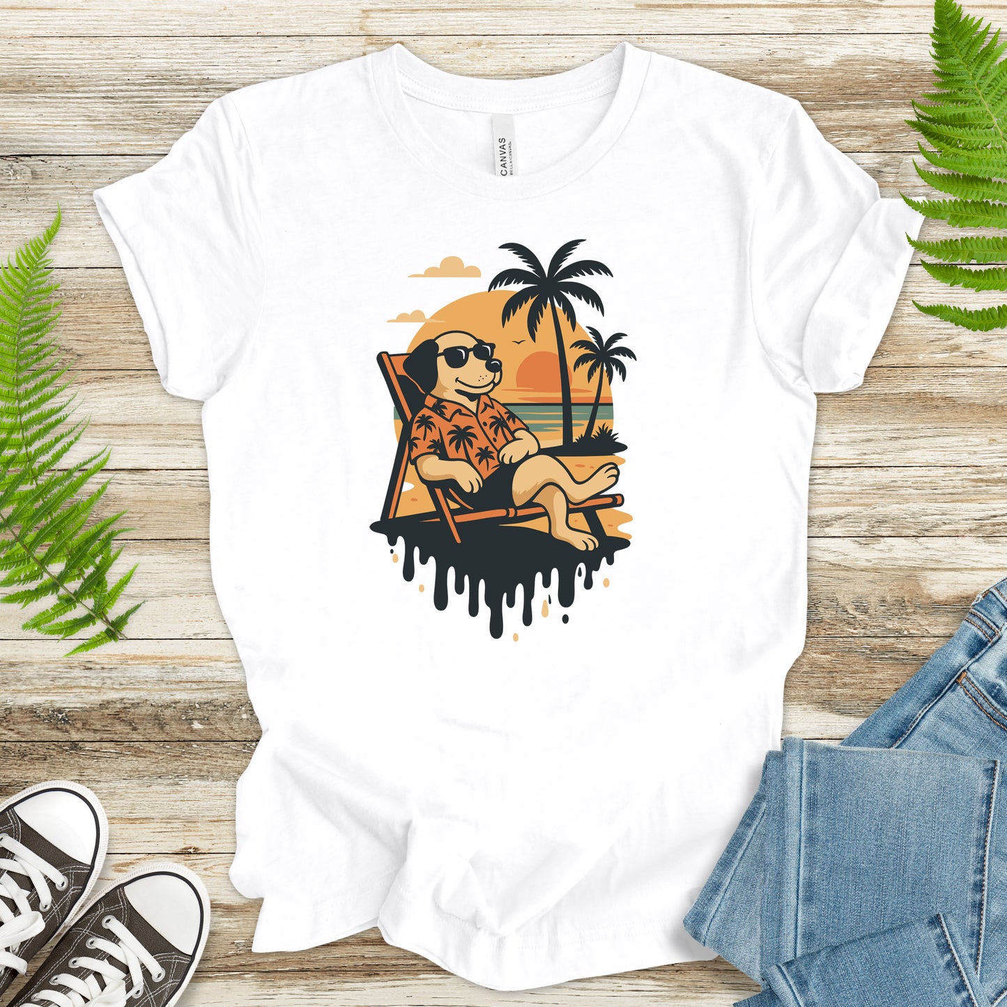 Vacation Dog Sunset T-Shirt – Funny Retro Beach Vibes Tee