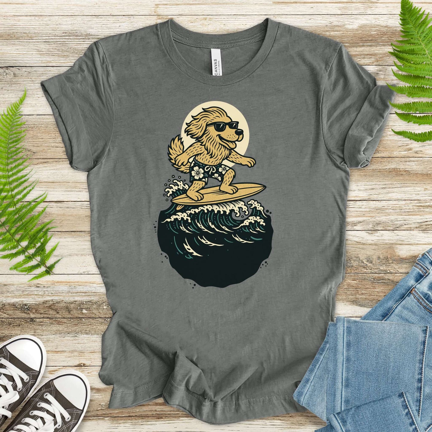 Surfing dog in shades t-shirt, perfect for fantasy lovers and animal enthusiasts, featuring a cool dog on a surfboard.