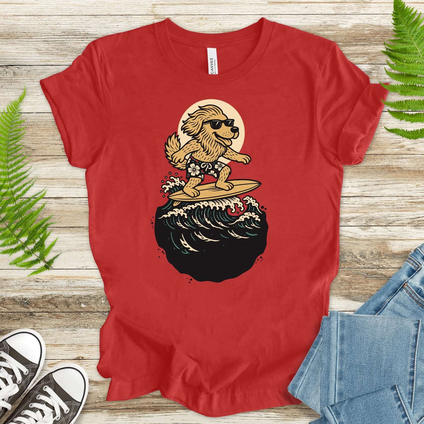 Surfing dog in shades t-shirt, perfect for fantasy lovers and animal enthusiasts.