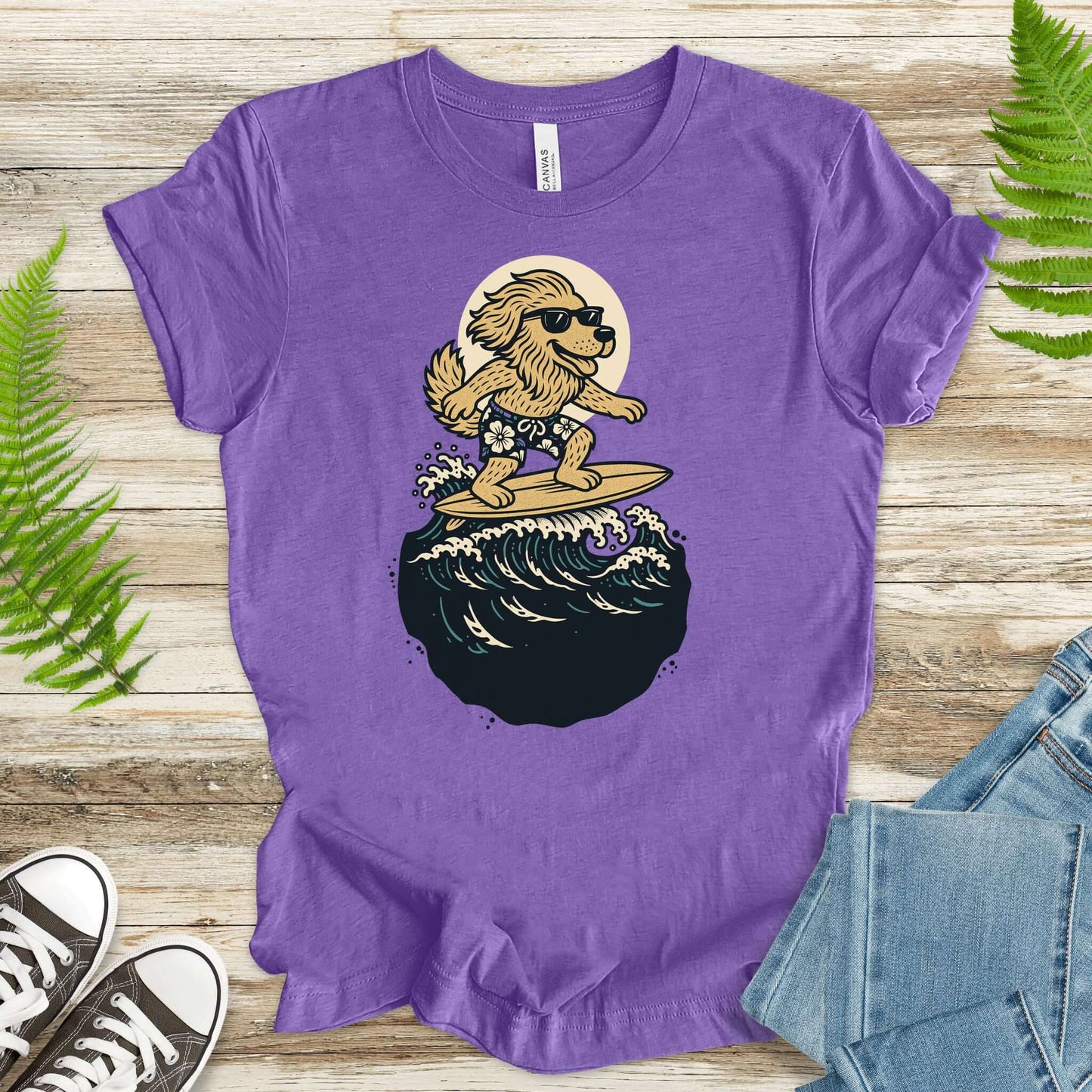 Funny purple t-shirt featuring a surfing dog in shades, perfect for fantasy lovers and animal enthusiasts.