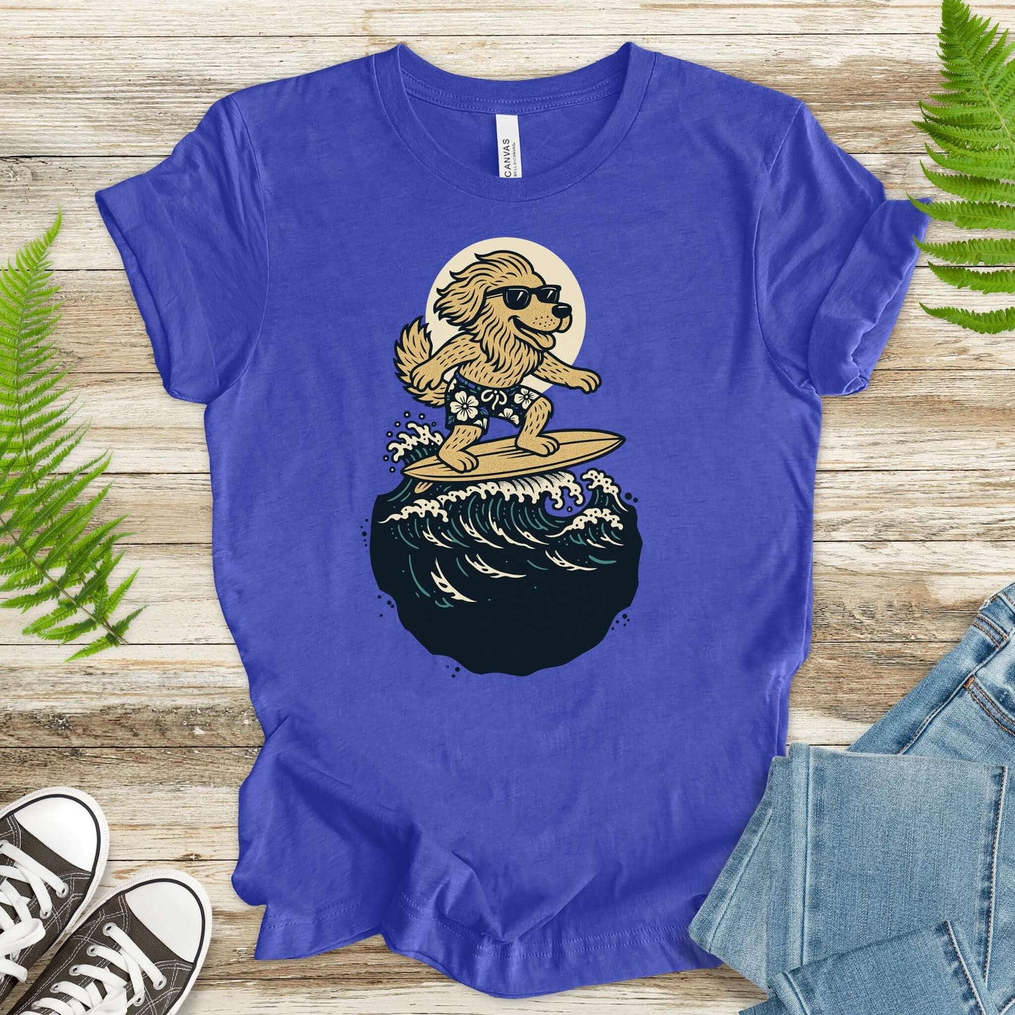 Surfing dog in shades t-shirt on wooden surface, perfect for animal fantasy lovers and casual beachwear.