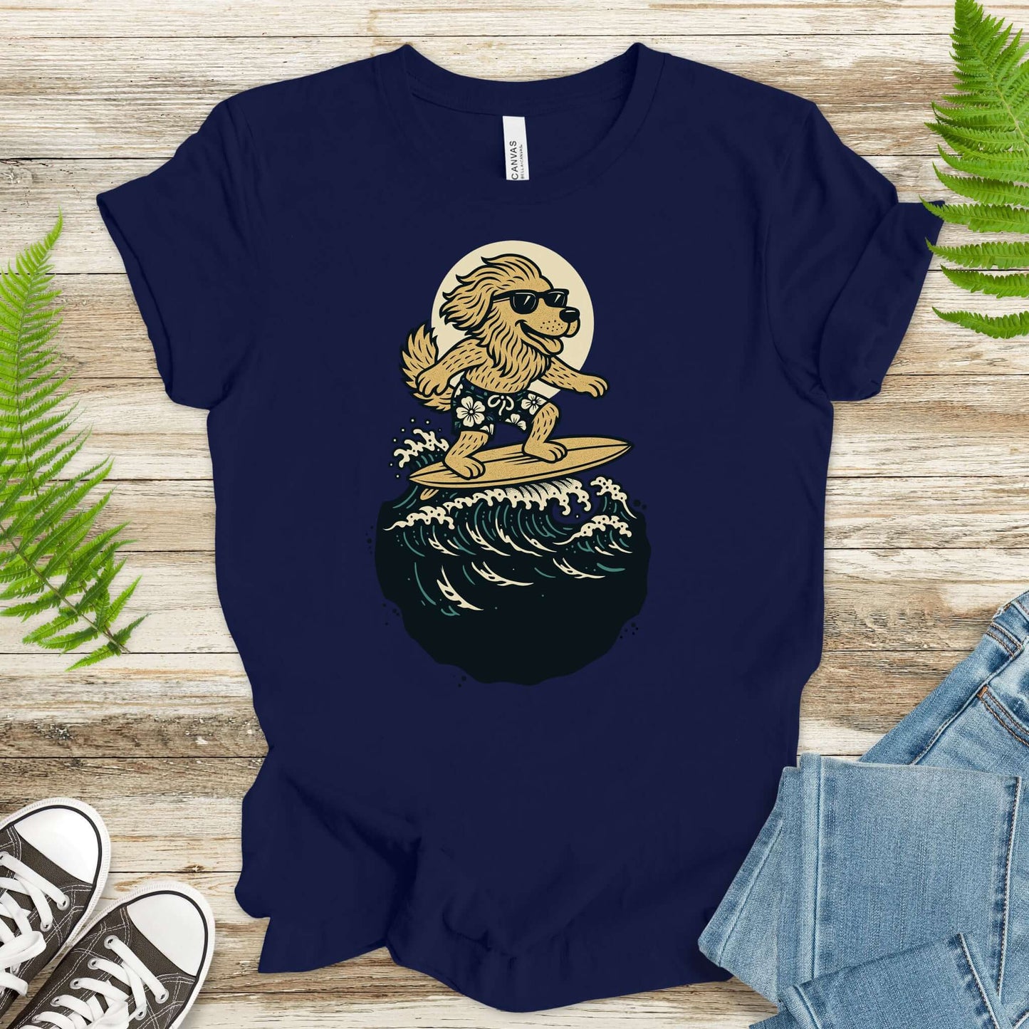 Navy t-shirt featuring a cool dog surfing with sunglasses, perfect for animal lovers and surfers.