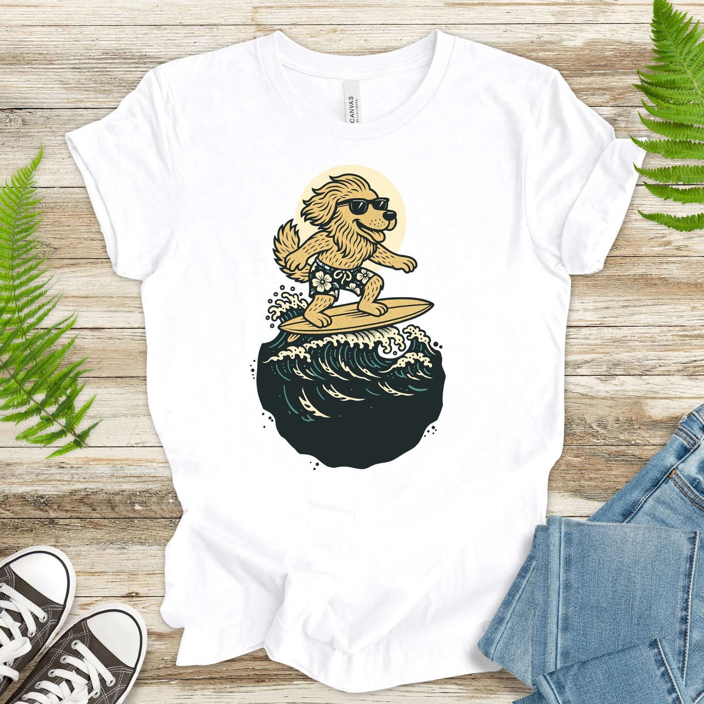 Surfing dog in shades t-shirt design, perfect for fantasy lovers and animal enthusiasts.