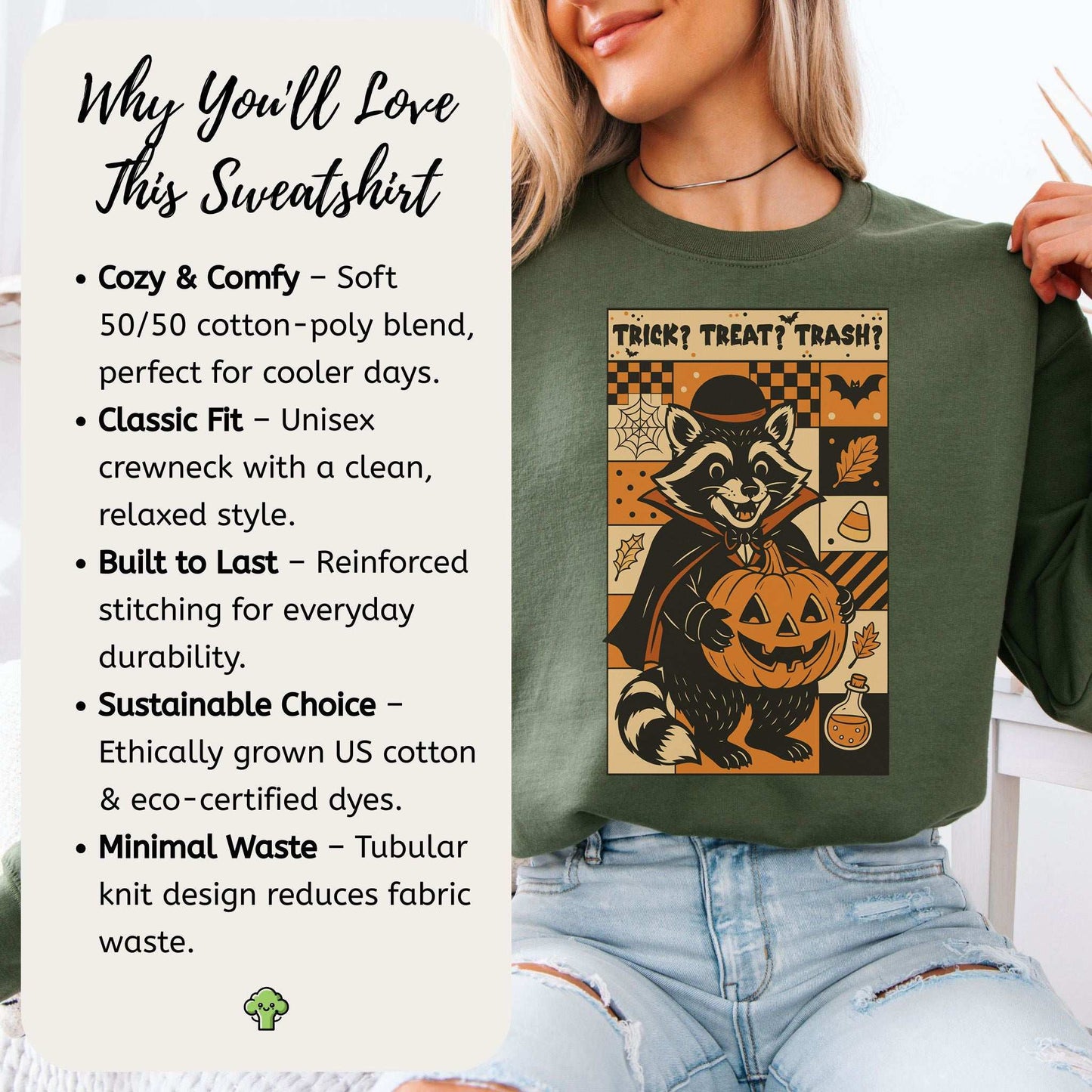 Dracula Raccoon Halloween Sweatshirt – Trick? Treat? Trash? Retro Vibes
