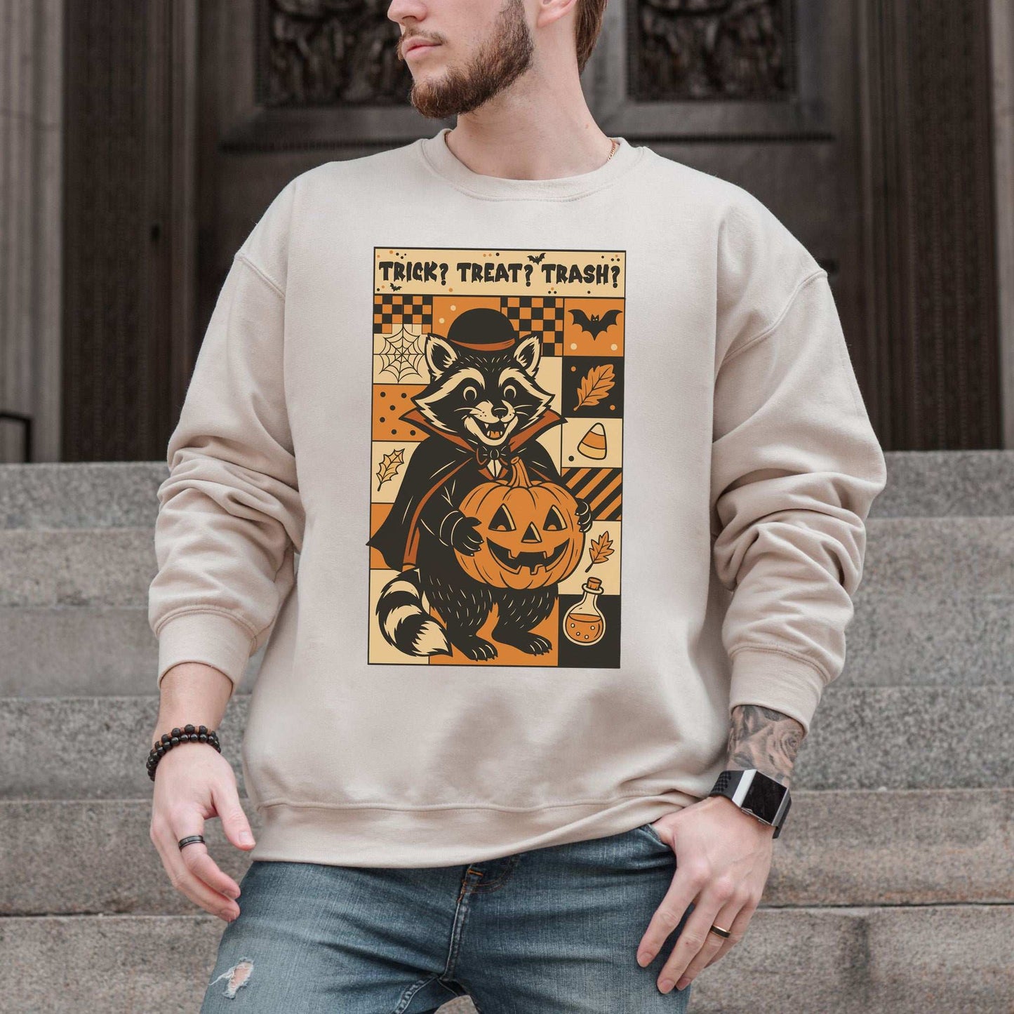 Dracula Raccoon Halloween Sweatshirt – Trick? Treat? Trash? Retro Vibes