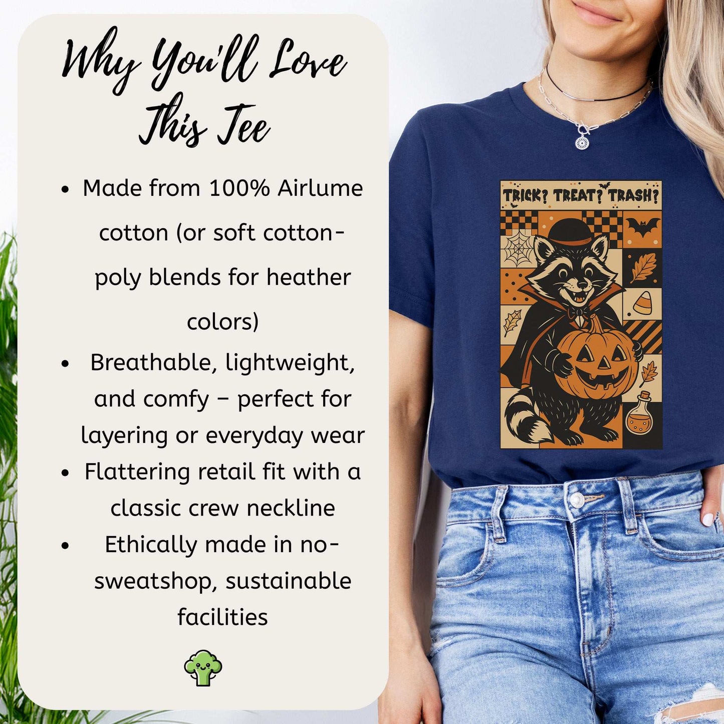 Dracula Raccoon Halloween T-shirt with vintage comic panel design, highlighting comfort and sustainable materials.