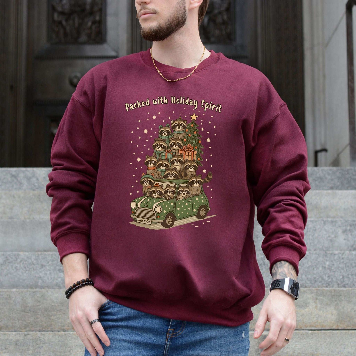 Packed with Holiday Spirit Raccoon Sweatshirt – Funny Christmas Car Chaos