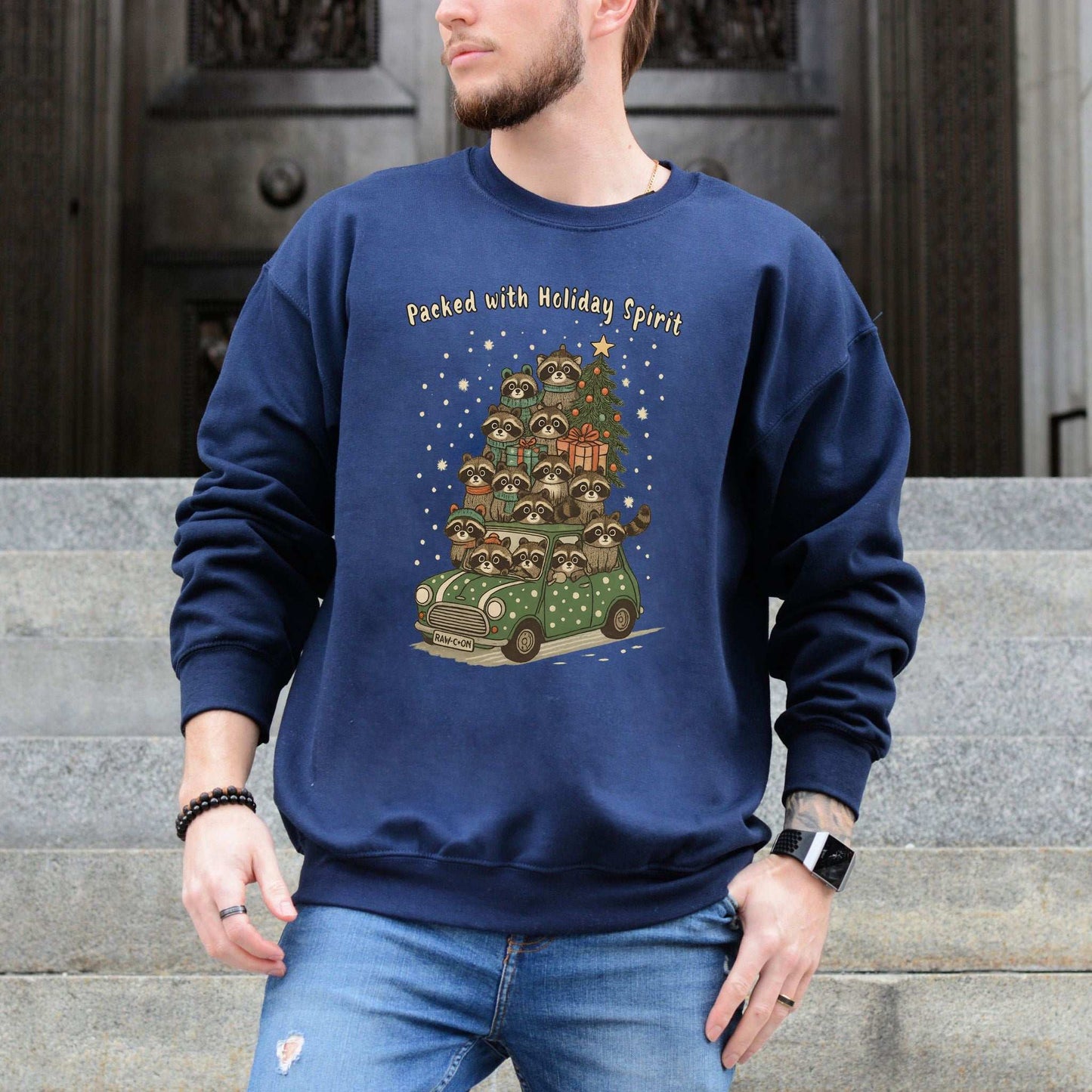 Packed with Holiday Spirit Raccoon Sweatshirt – Funny Christmas Car Chaos
