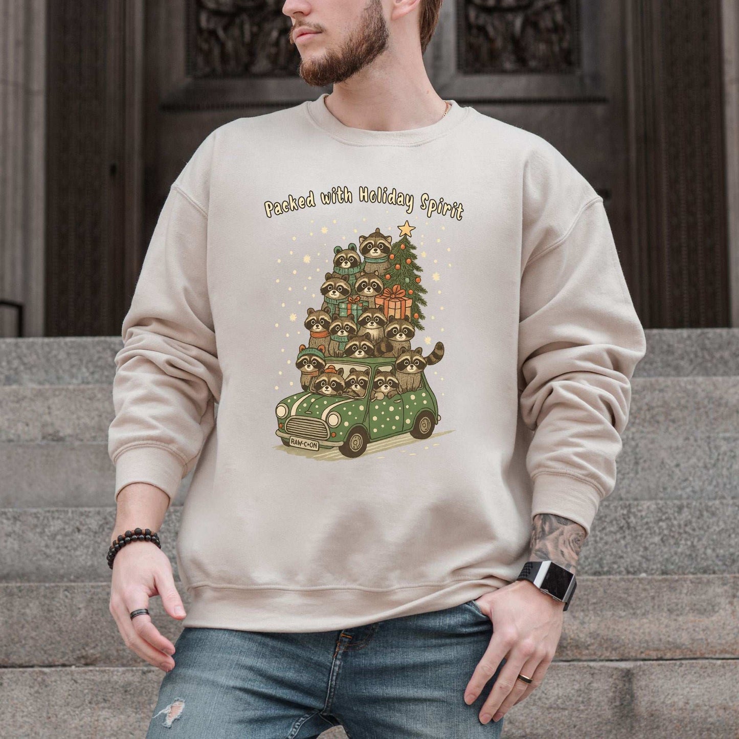 Packed with Holiday Spirit Raccoon Sweatshirt – Funny Christmas Car Chaos