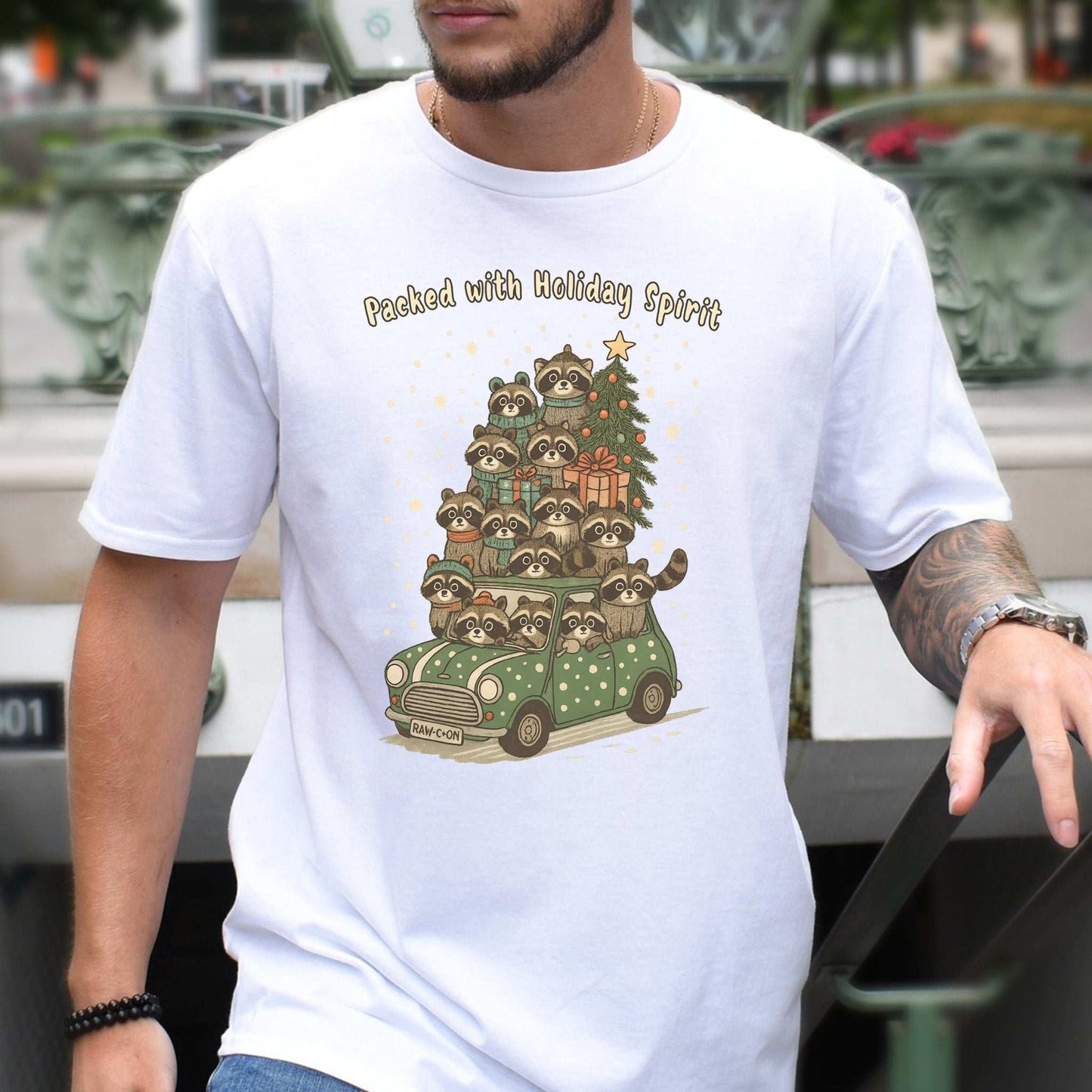 Packed with Holiday Spirit Raccoon T-Shirt – Funny Christmas Car Chaos Tee