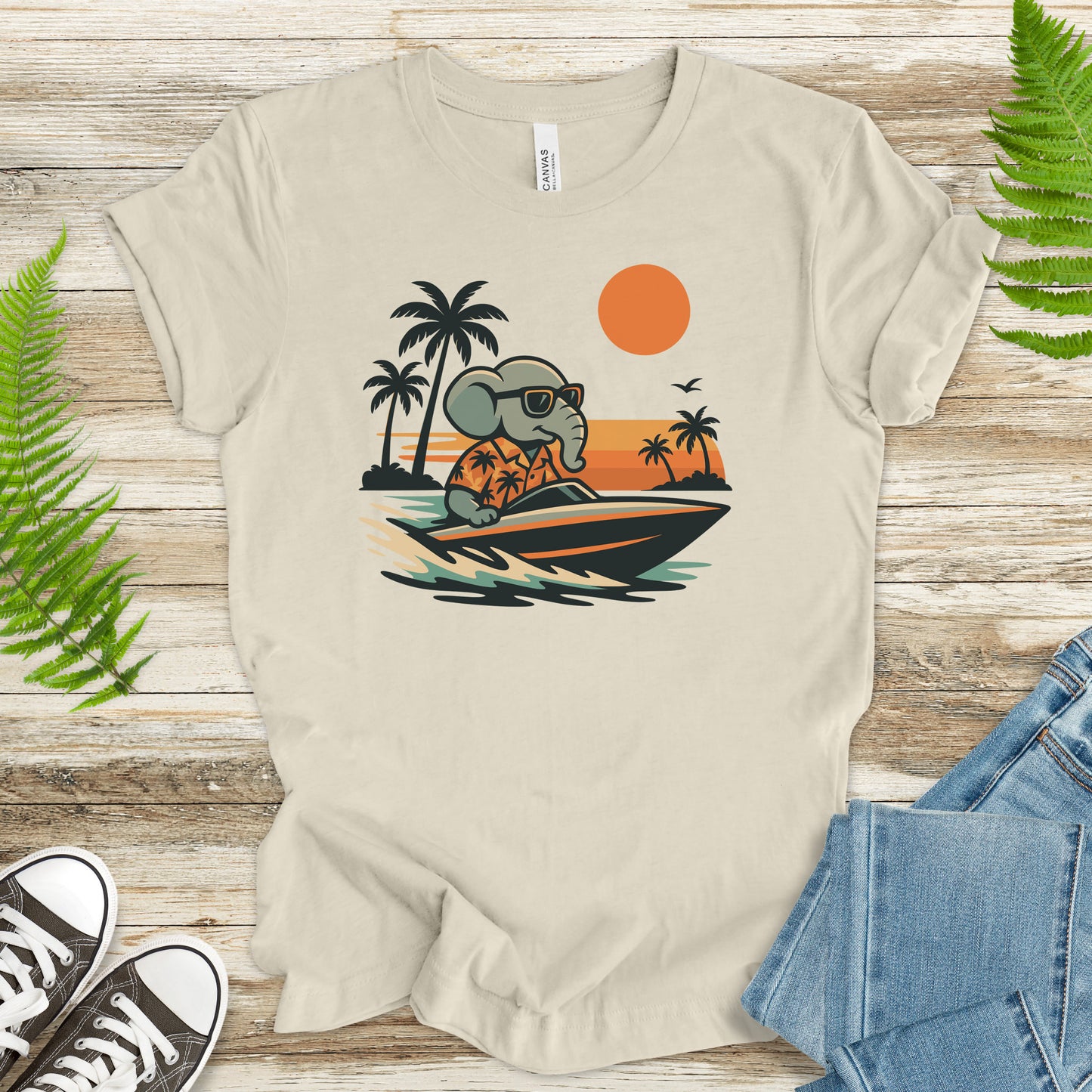 Elephant Speedboat Sunset T-Shirt – Funny Retro Vacation Tee