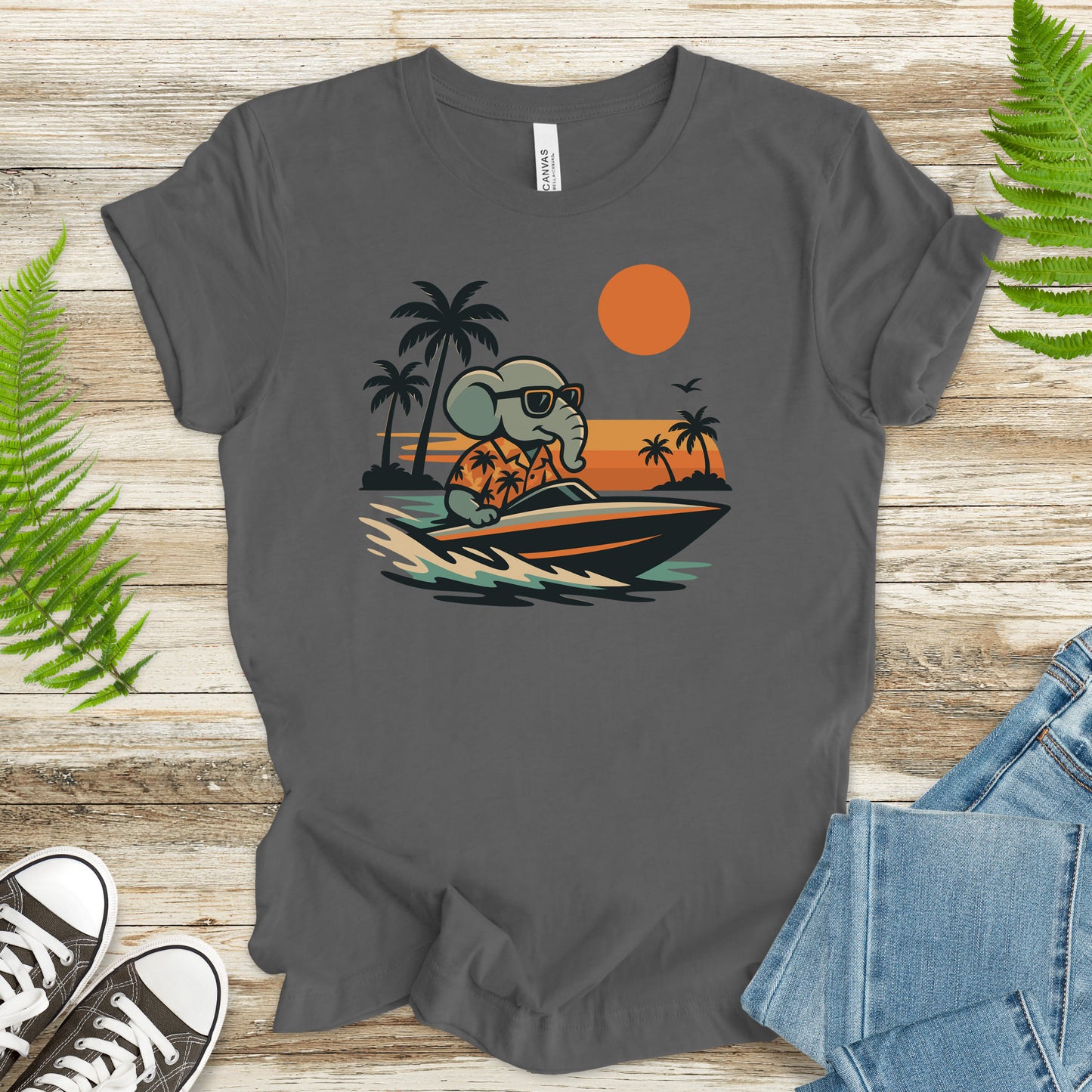 Elephant Speedboat Sunset T-Shirt – Funny Retro Vacation Tee