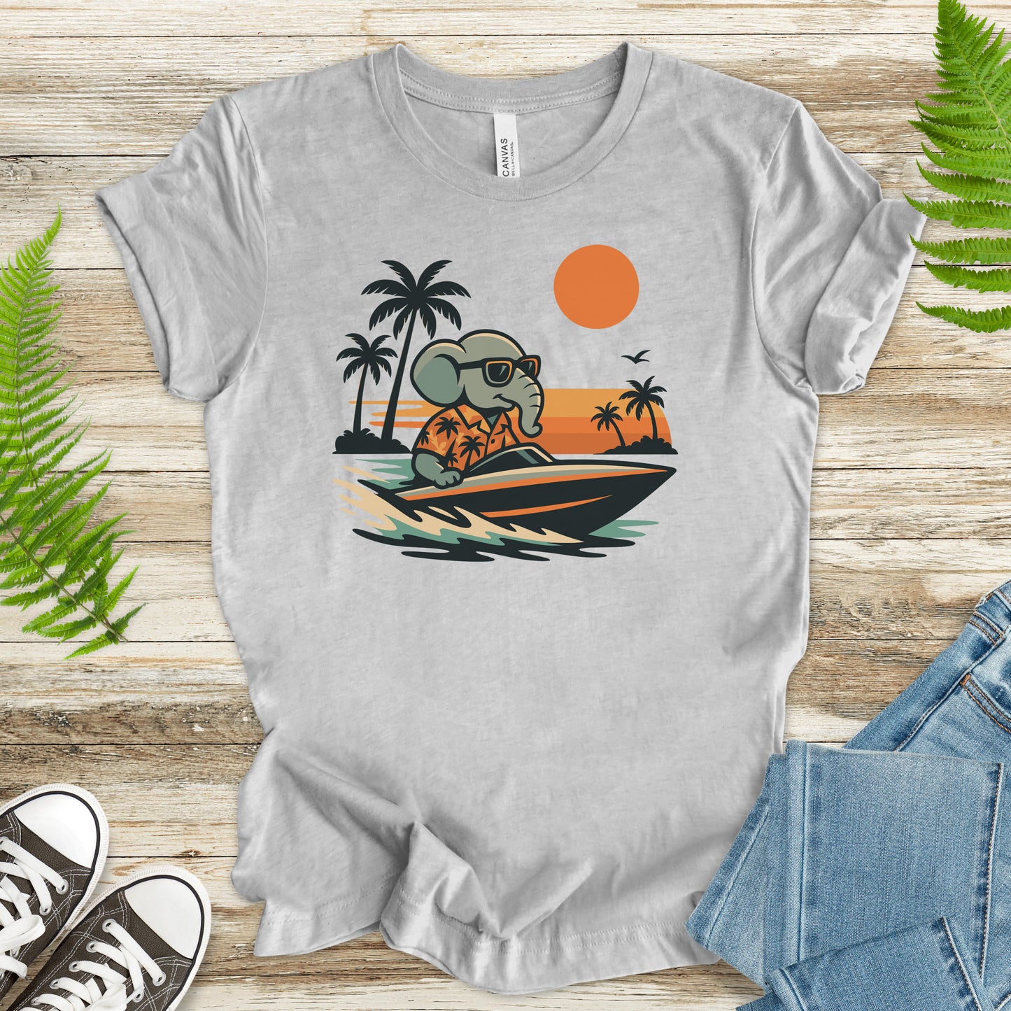 Elephant Speedboat Sunset T-Shirt – Funny Retro Vacation Tee