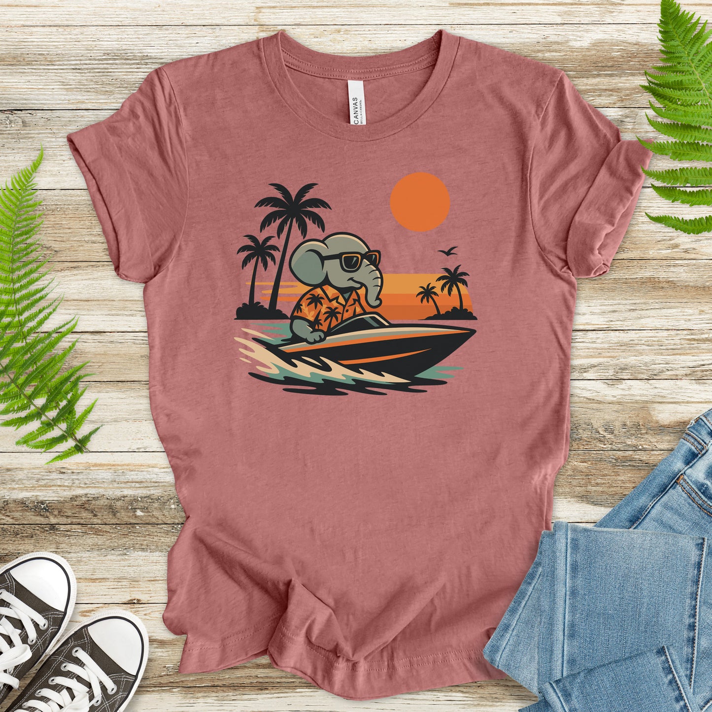Elephant Speedboat Sunset T-Shirt – Funny Retro Vacation Tee
