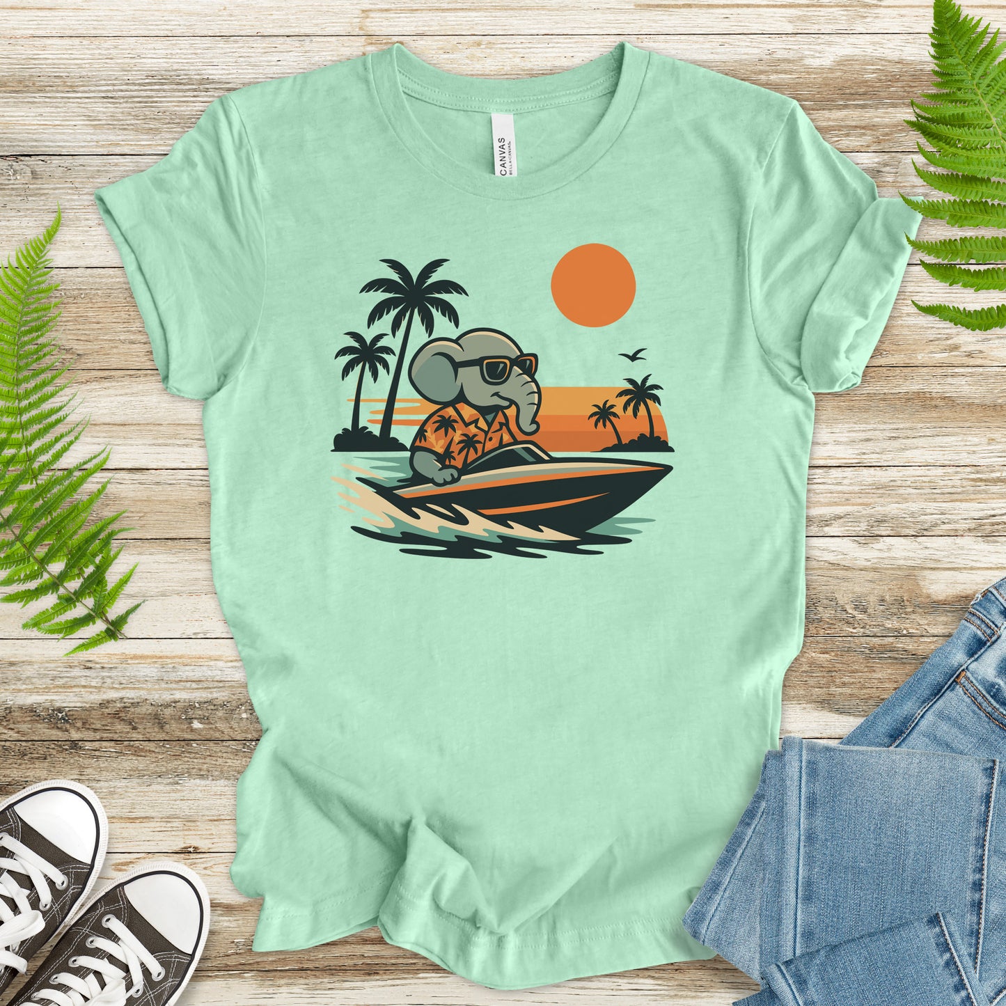 Elephant Speedboat Sunset T-Shirt – Funny Retro Vacation Tee