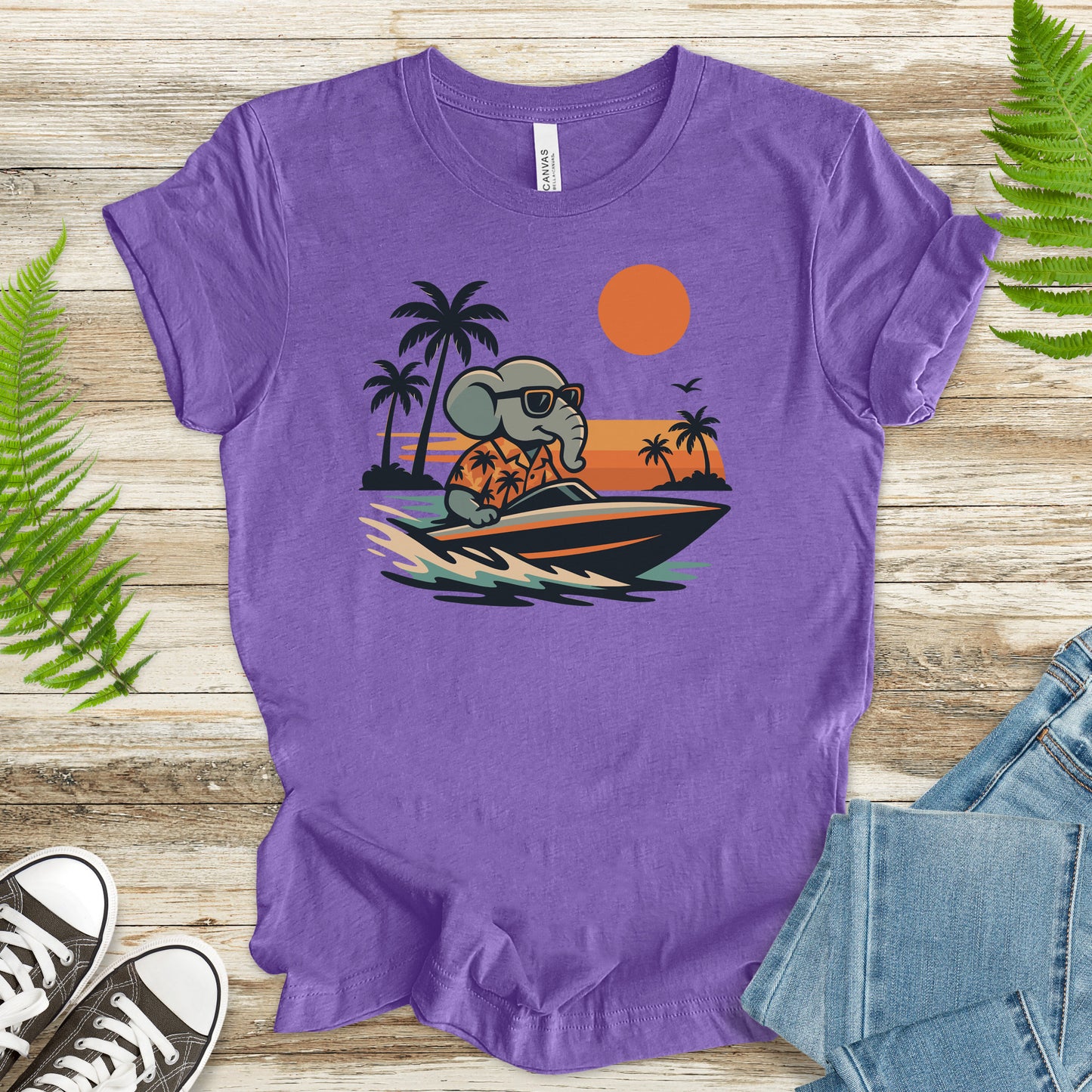 Elephant Speedboat Sunset T-Shirt – Funny Retro Vacation Tee