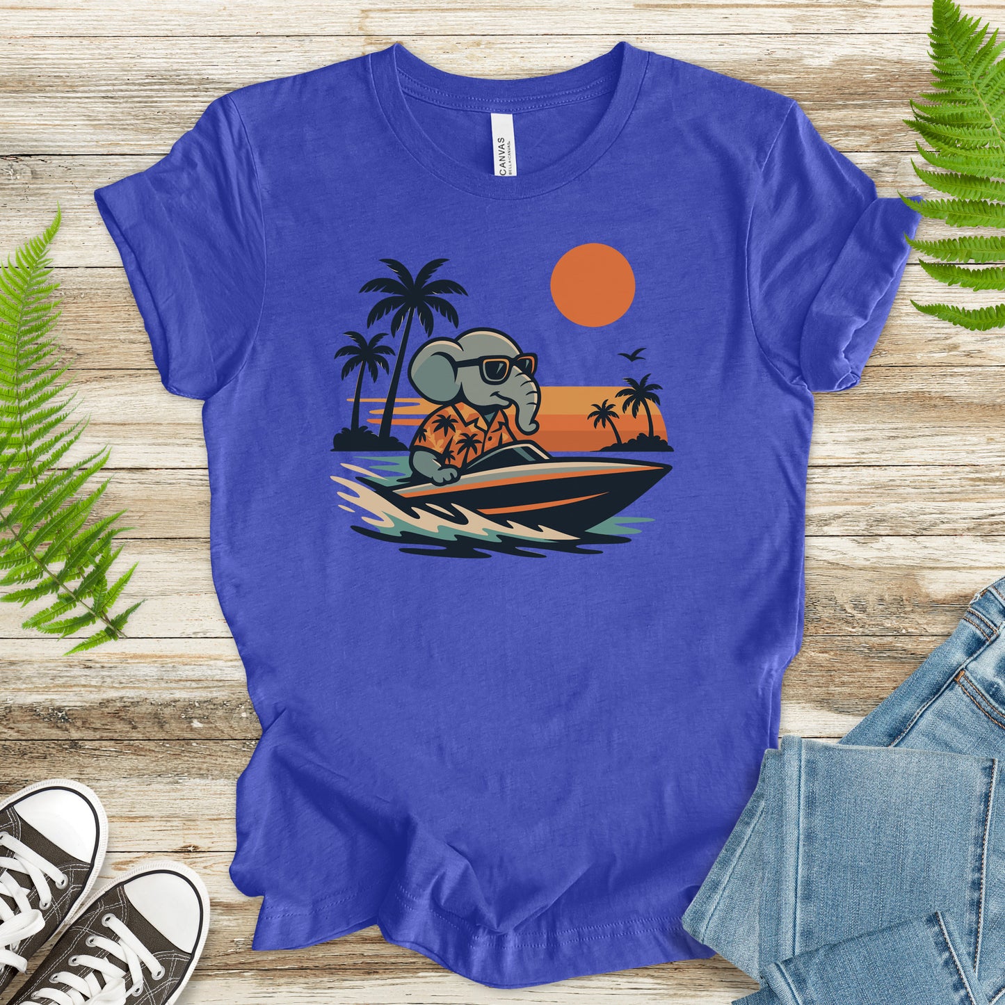 Elephant Speedboat Sunset T-Shirt – Funny Retro Vacation Tee