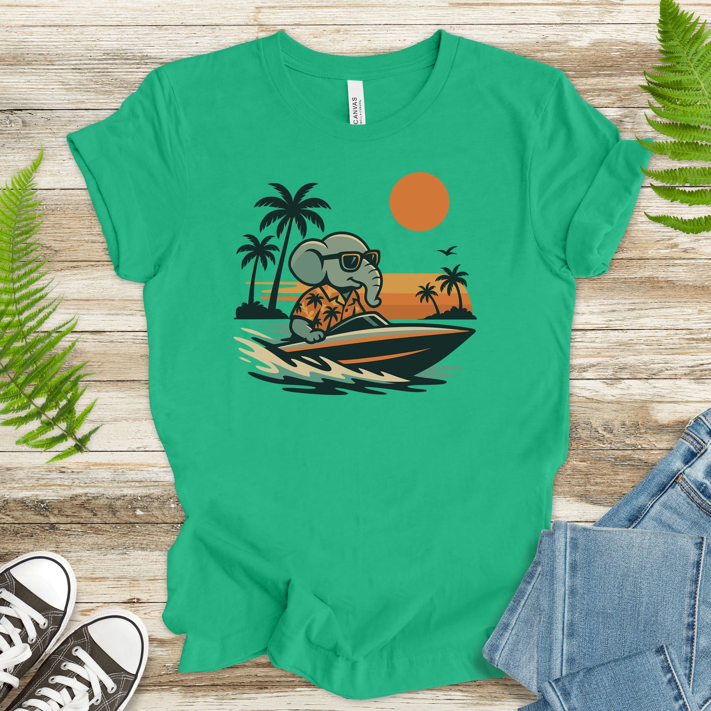 Elephant Speedboat Sunset T-Shirt – Funny Retro Vacation Tee