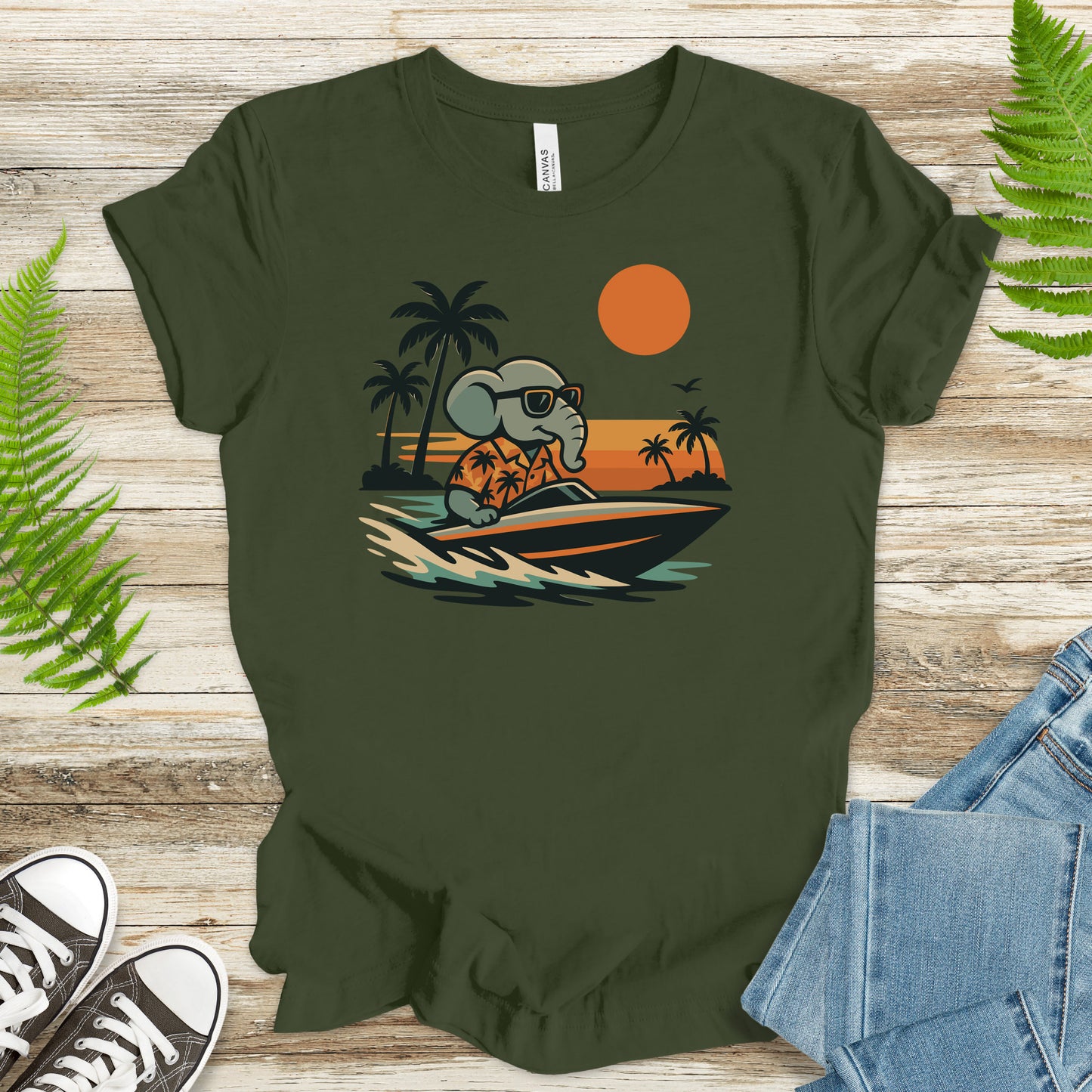 Elephant Speedboat Sunset T-Shirt – Funny Retro Vacation Tee