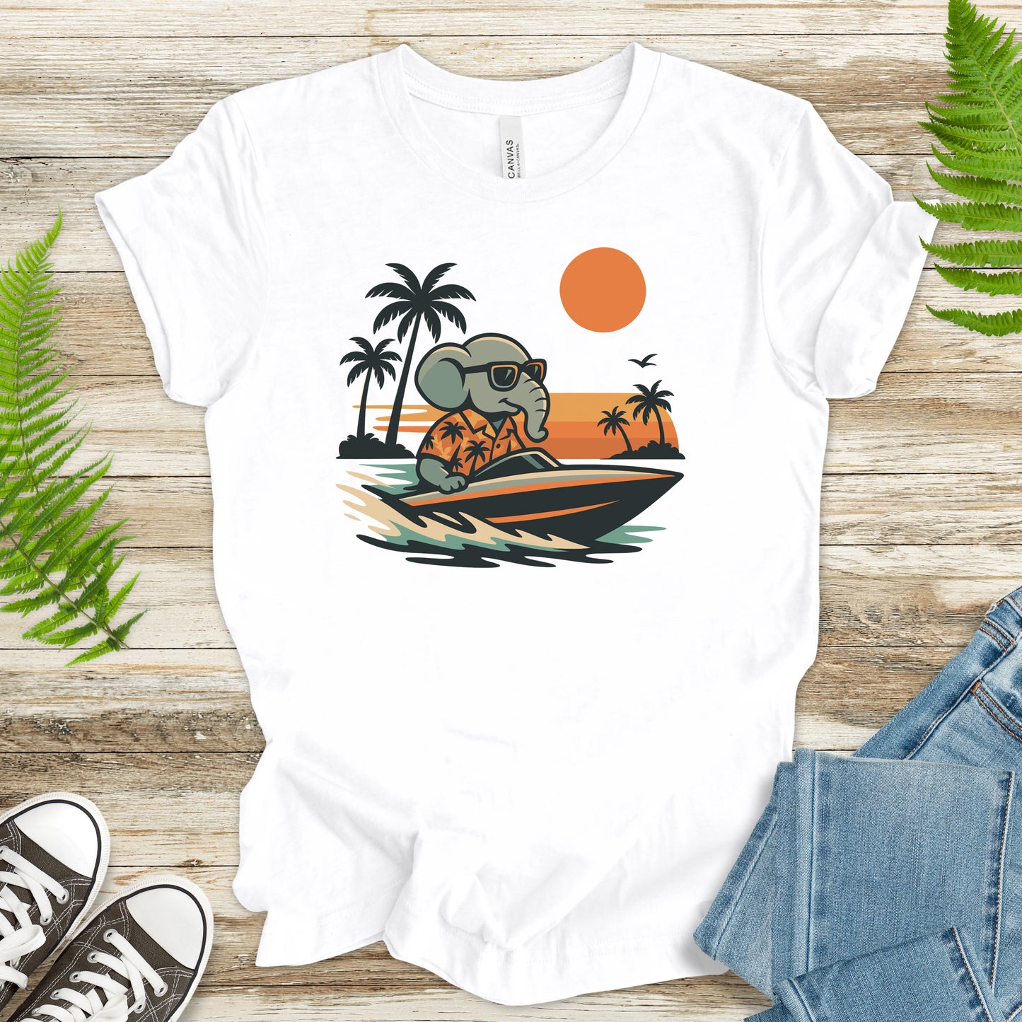 Elephant Speedboat Sunset T-Shirt – Funny Retro Vacation Tee