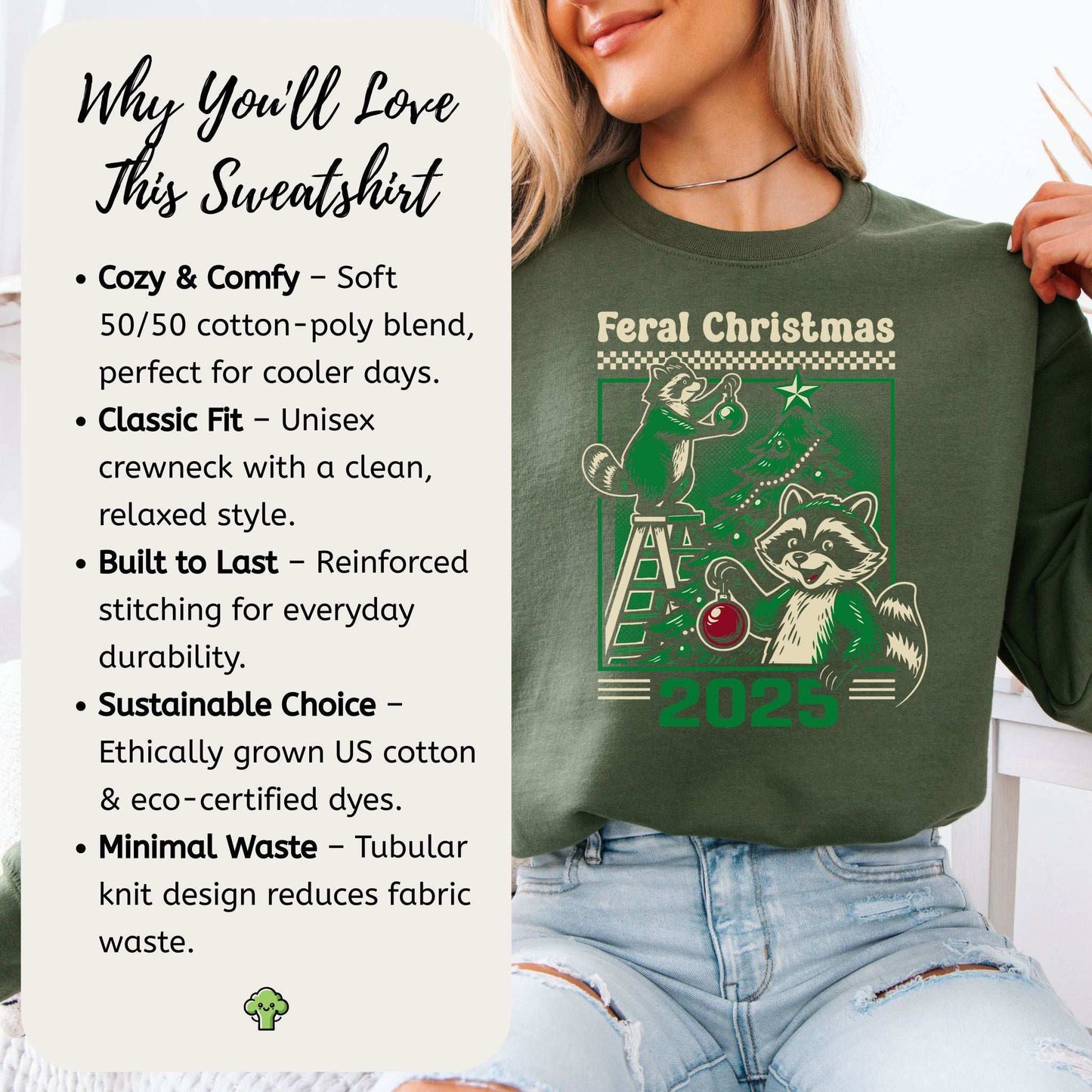 Feral Christmas Raccoon Sweatshirt – Cute Chaos Holiday Tree Vibes