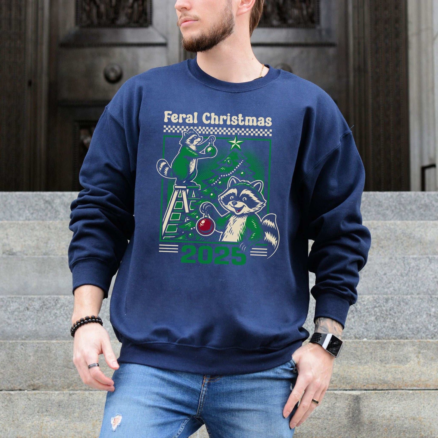 Feral Christmas Raccoon Sweatshirt – Cute Chaos Holiday Tree Vibes