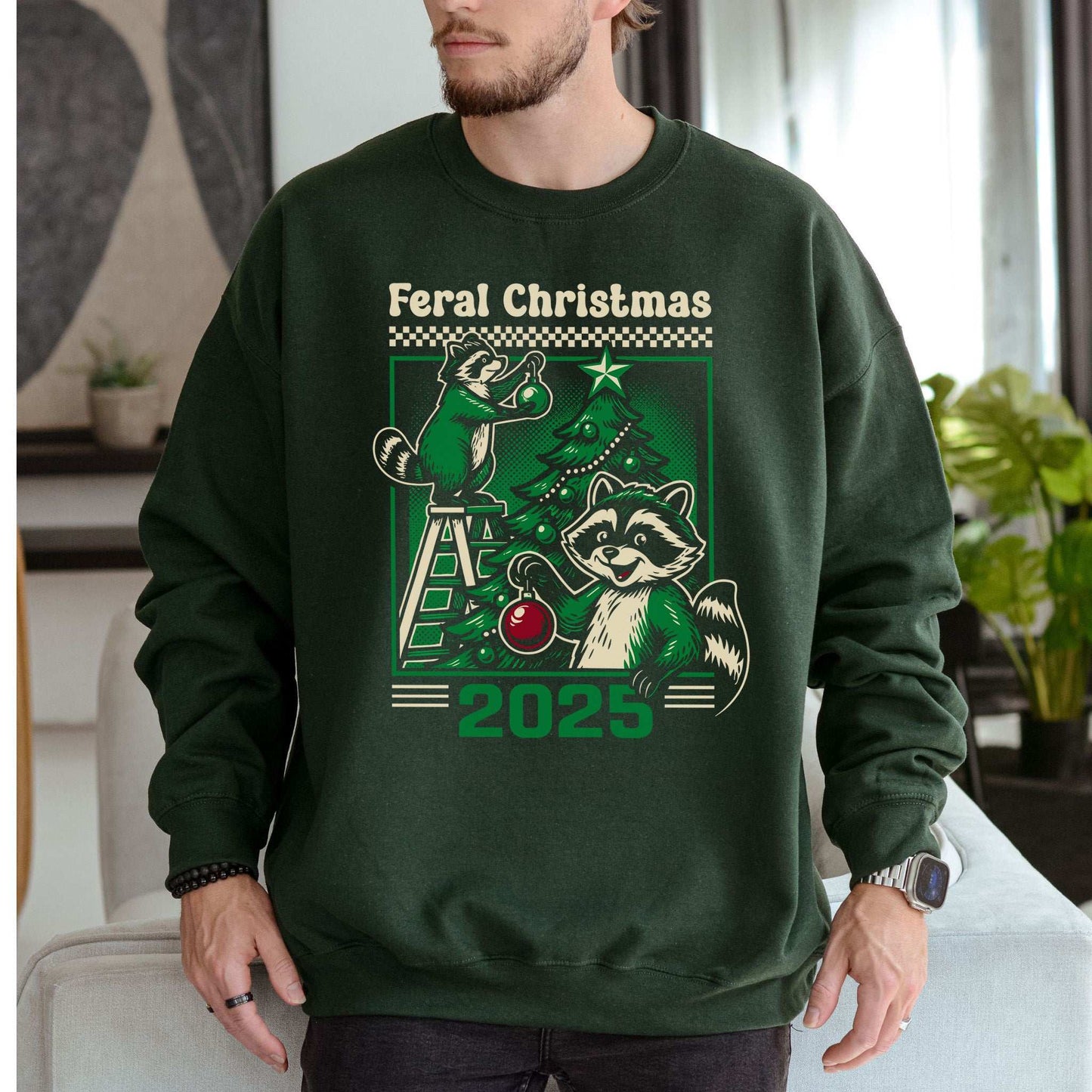 Feral Christmas Raccoon Sweatshirt – Cute Chaos Holiday Tree Vibes