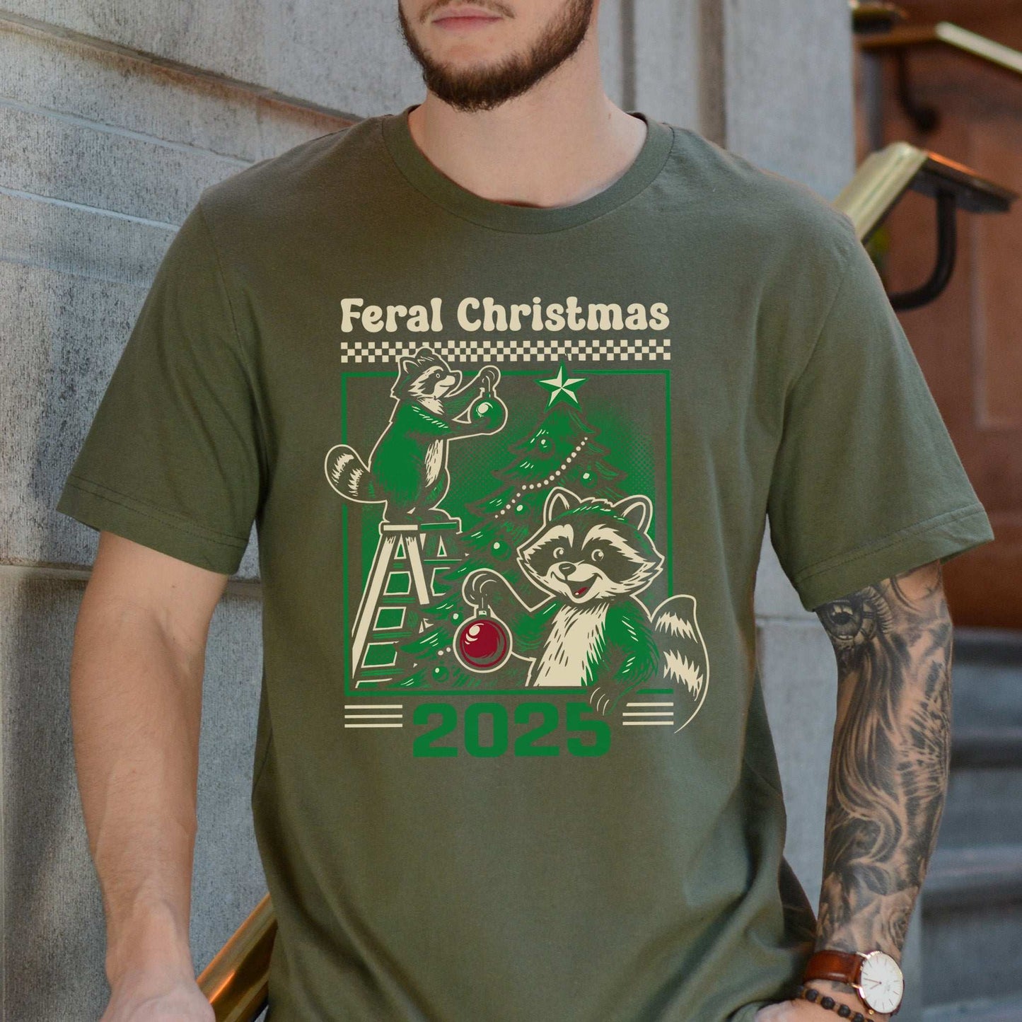 Feral Christmas Raccoon T-Shirt – Cute Chaos Holiday Tree Tee