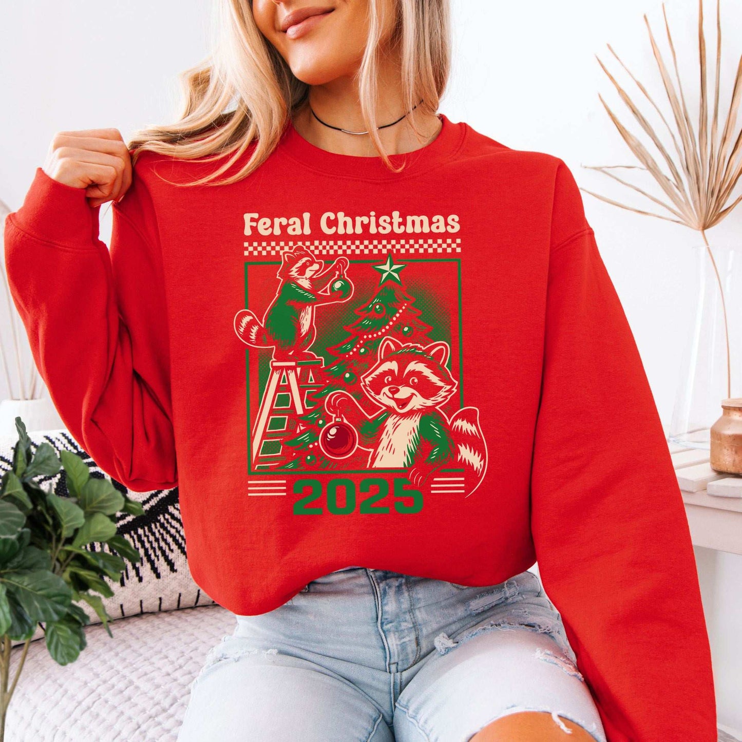 Feral Christmas Raccoon Sweatshirt – Cute Chaos Holiday Tree Vibes