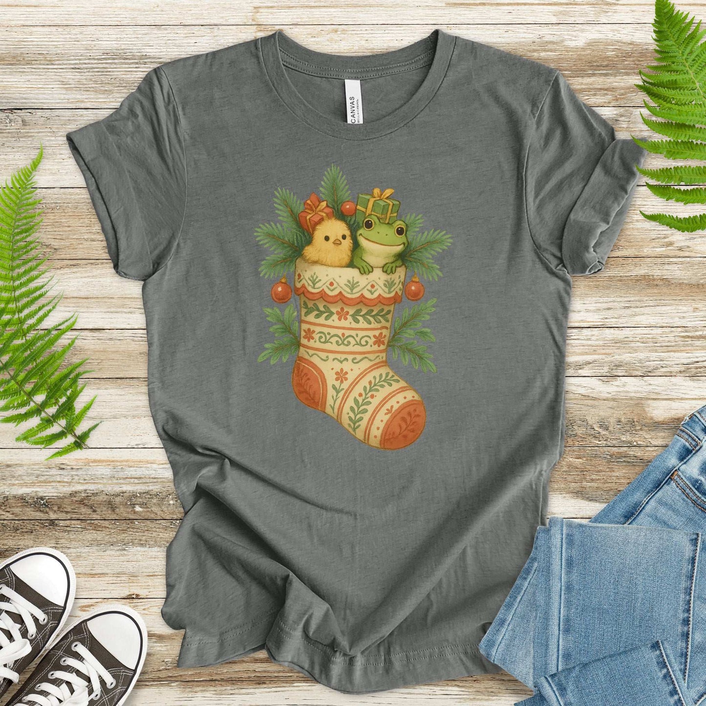 Festive Stocking Friends T-Shirt – Cute Frog & Chick Christmas Tee