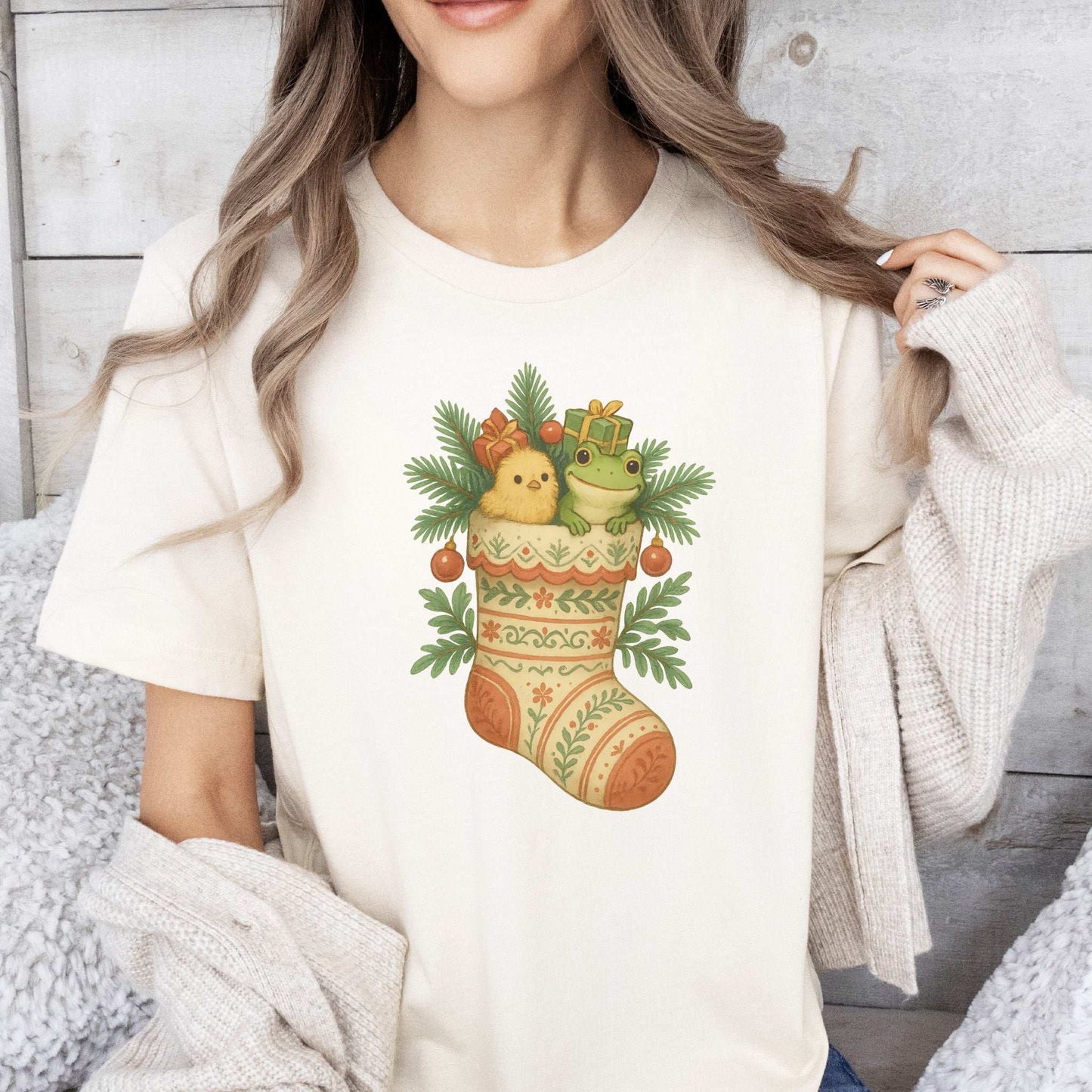 Festive Stocking Friends T-Shirt – Cute Frog & Chick Christmas Tee