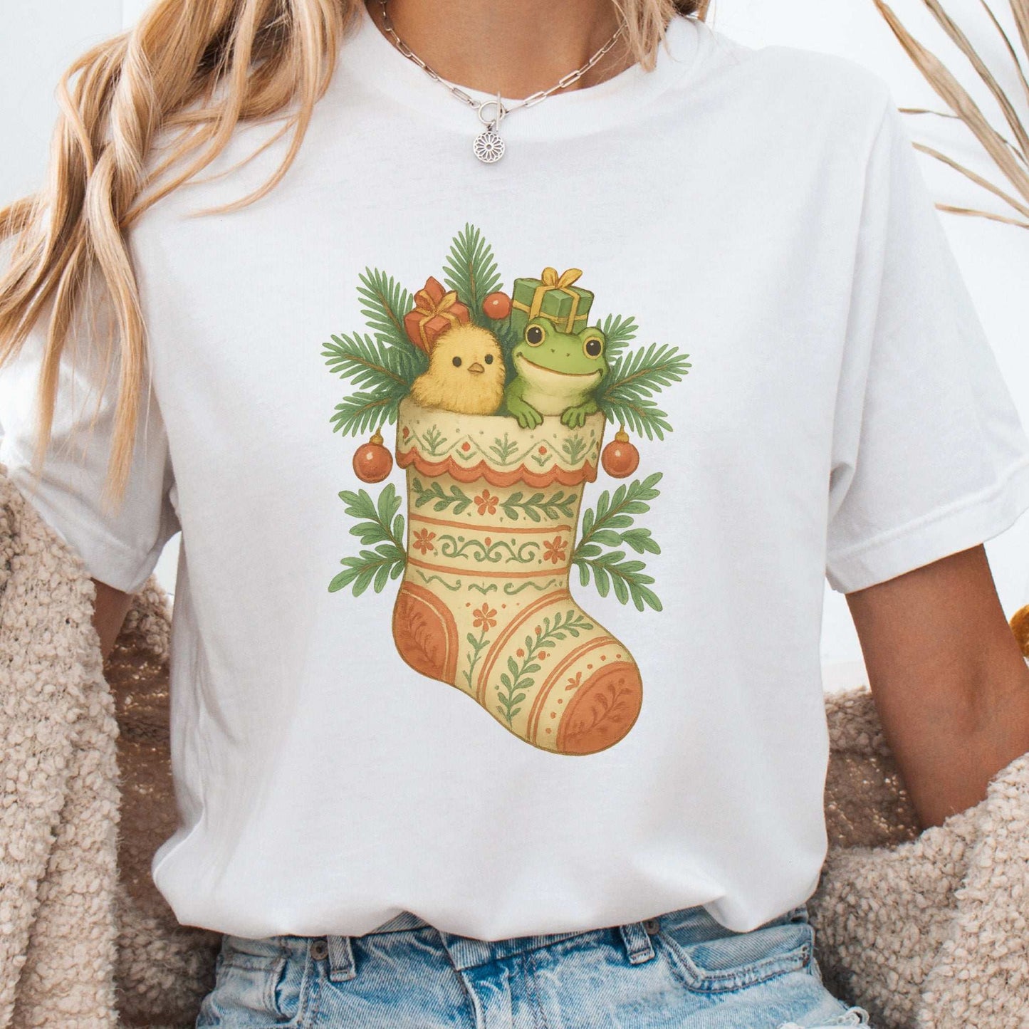 Festive Stocking Friends T-Shirt – Cute Frog & Chick Christmas Tee