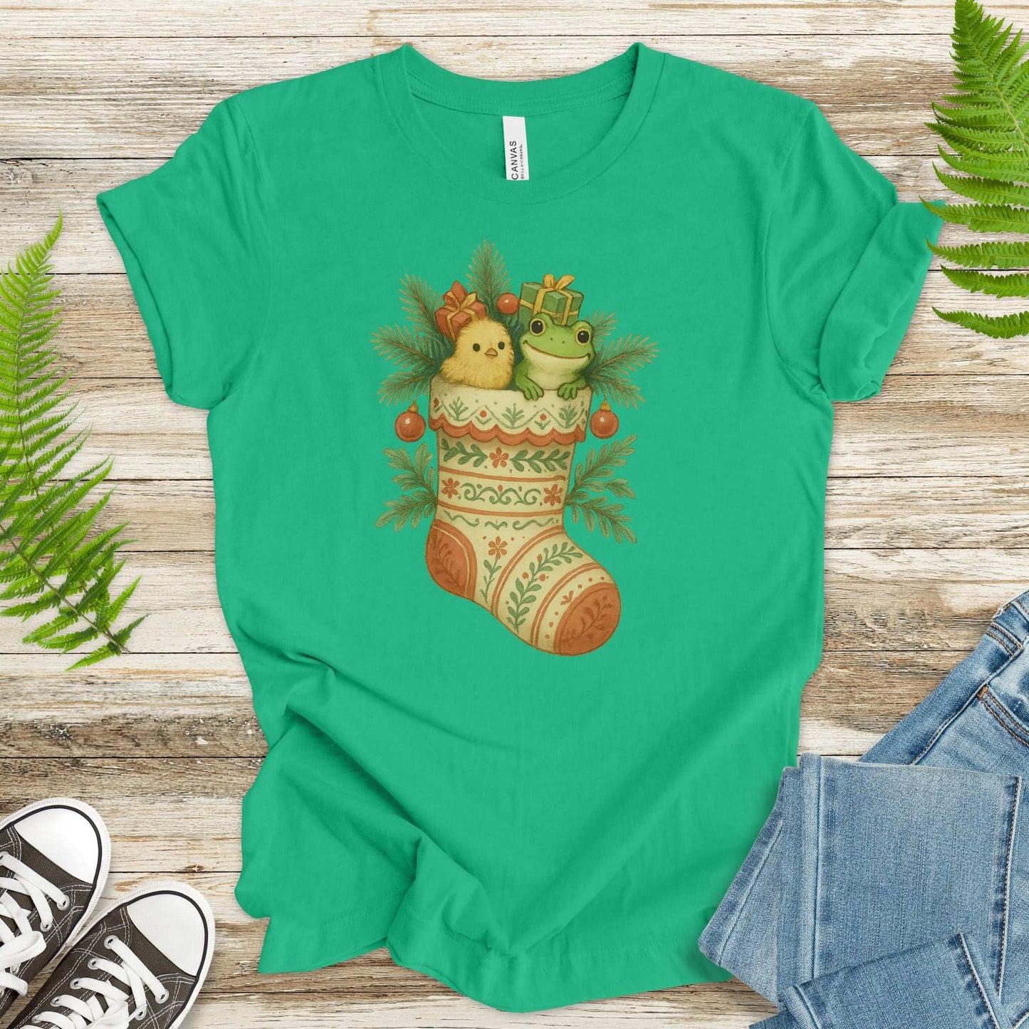 Festive Stocking Friends T-Shirt – Cute Frog & Chick Christmas Tee