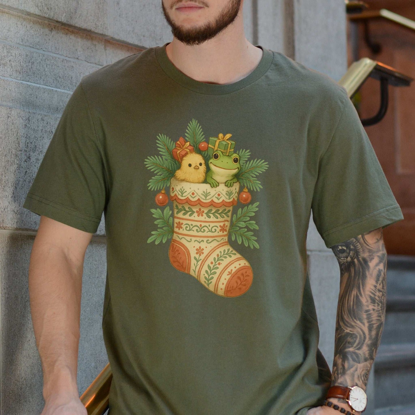 Festive Stocking Friends T-Shirt – Cute Frog & Chick Christmas Tee