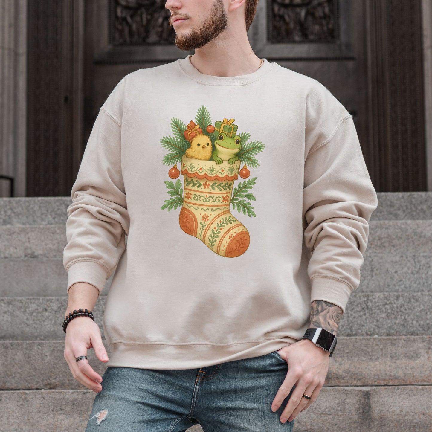 Festive Stocking Friends Sweatshirt – Cute Frog & Chick Christmas Cozy