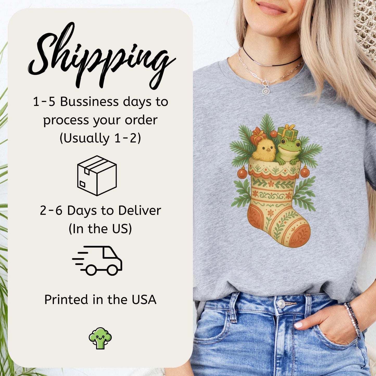 Festive Stocking Friends T-Shirt – Cute Frog & Chick Christmas Tee