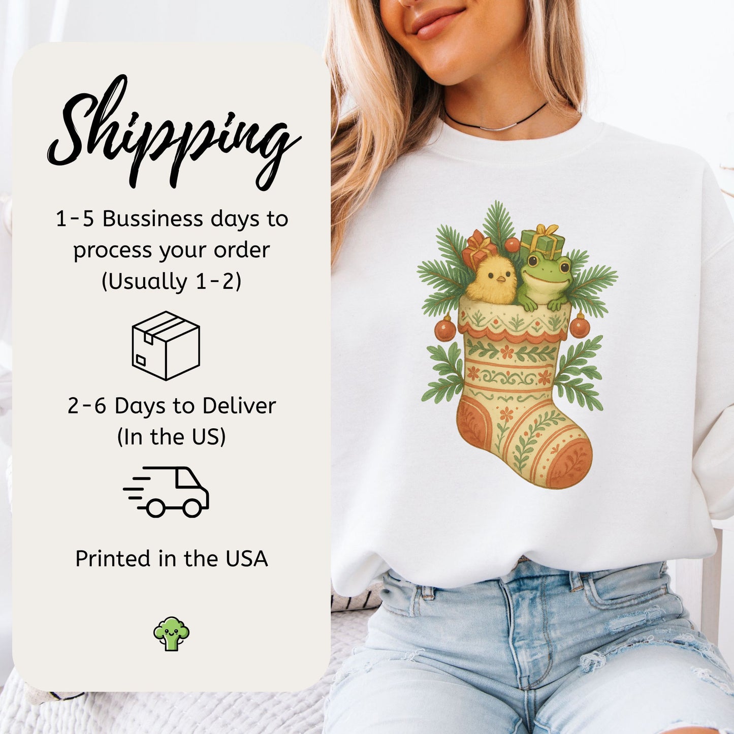 Festive Stocking Friends Sweatshirt – Cute Frog & Chick Christmas Cozy
