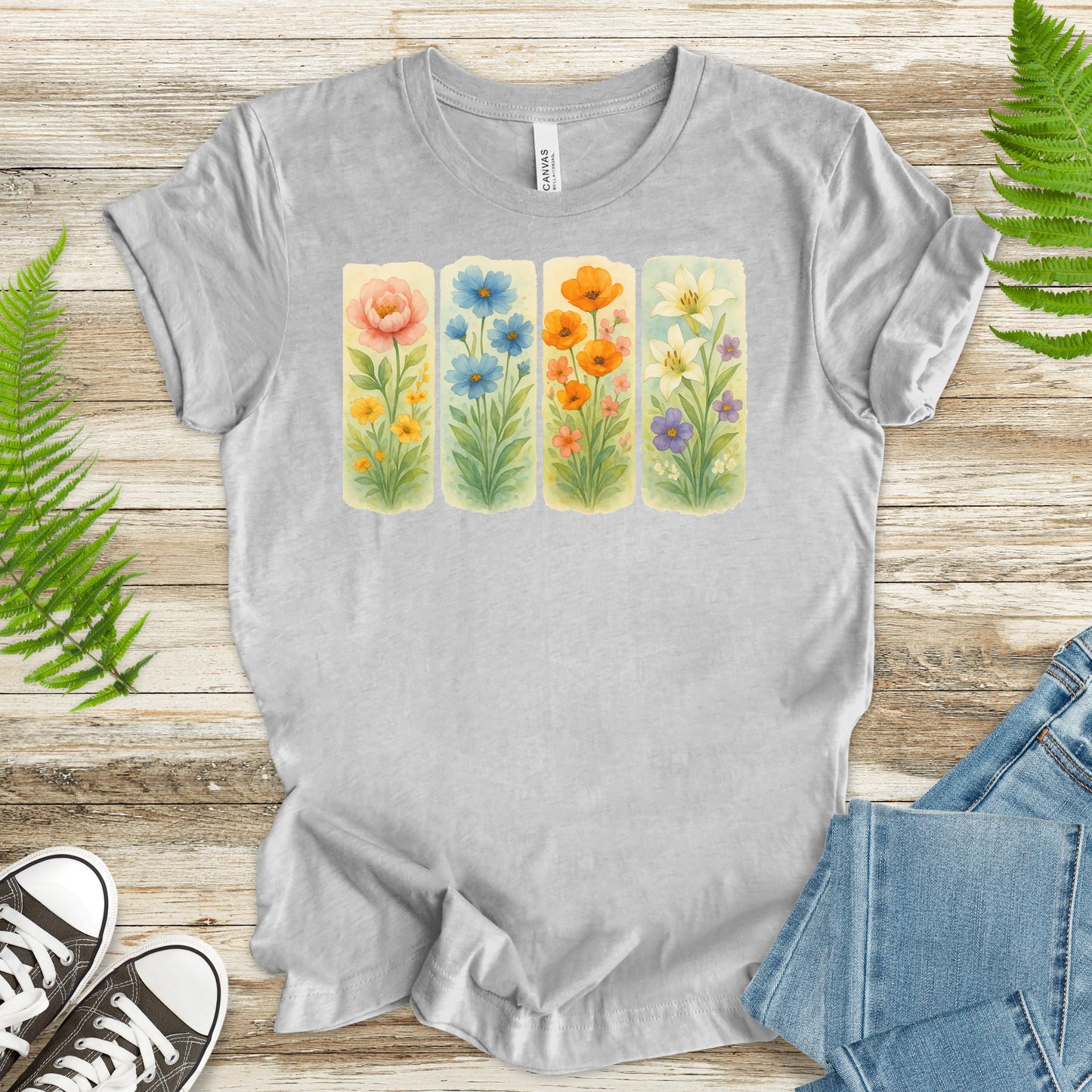 Pressed Wildflower Strips T-Shirt – Vintage Watercolor Floral Tee
