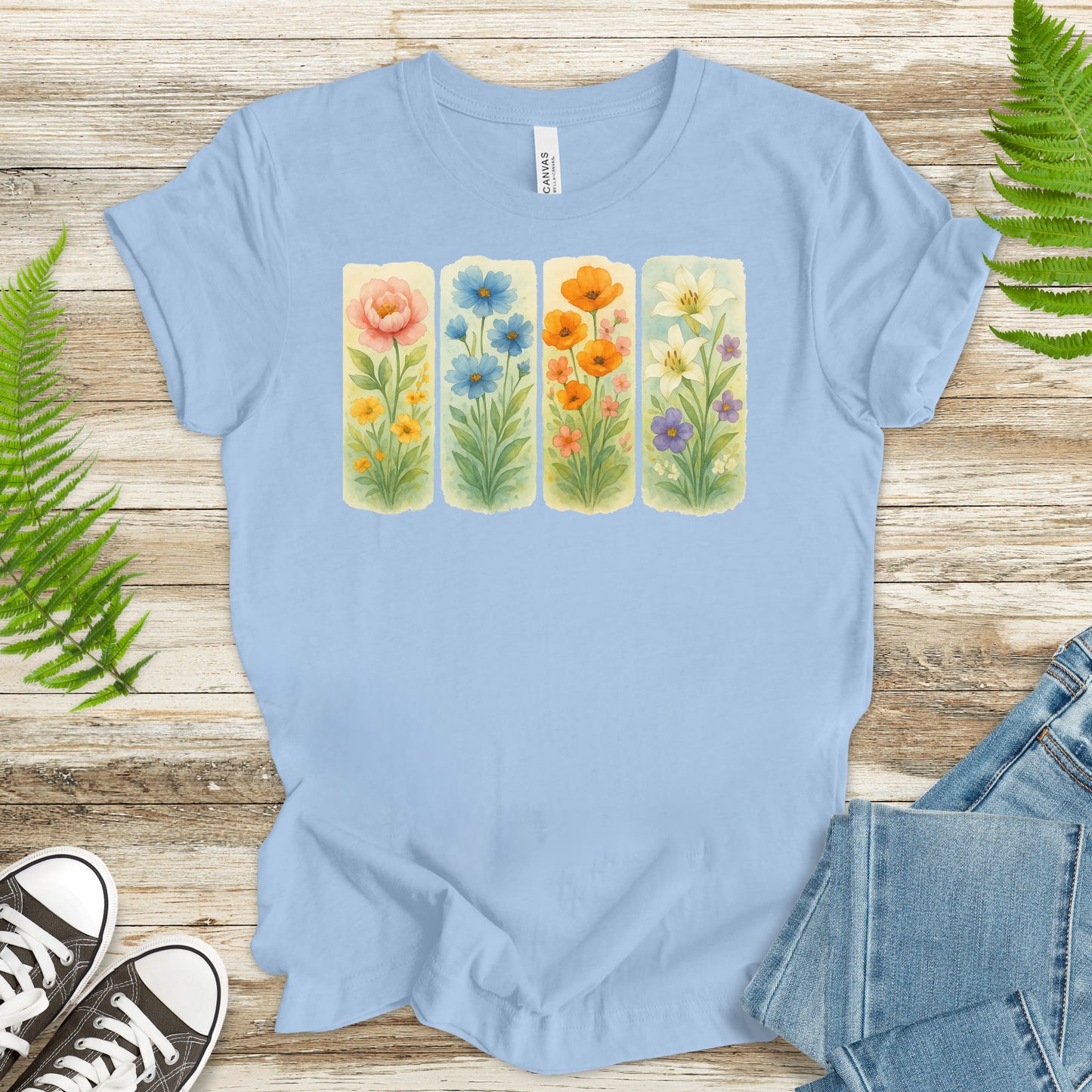 Pressed Wildflower Strips T-Shirt – Vintage Watercolor Floral Tee