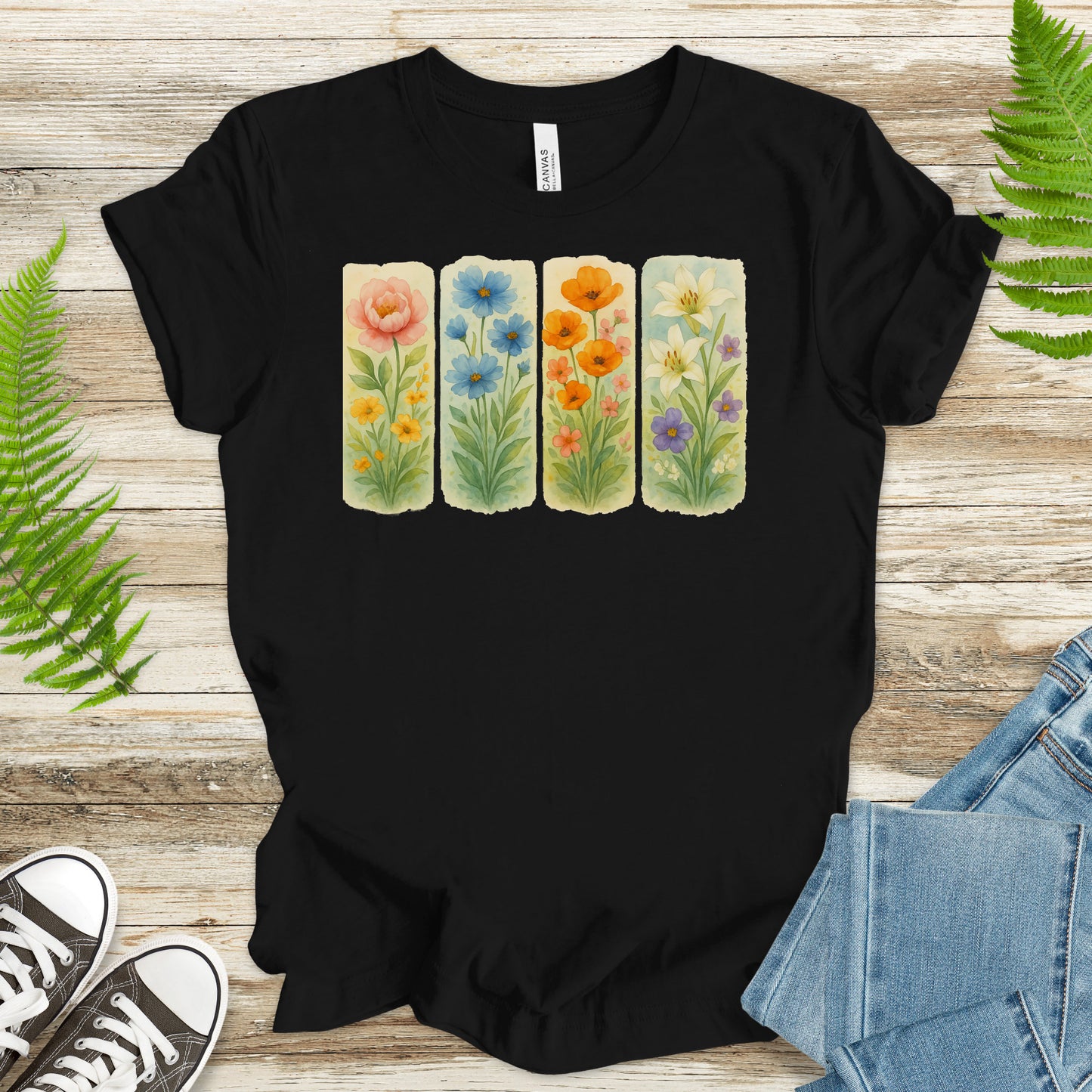 Pressed Wildflower Strips T-Shirt – Vintage Watercolor Floral Tee