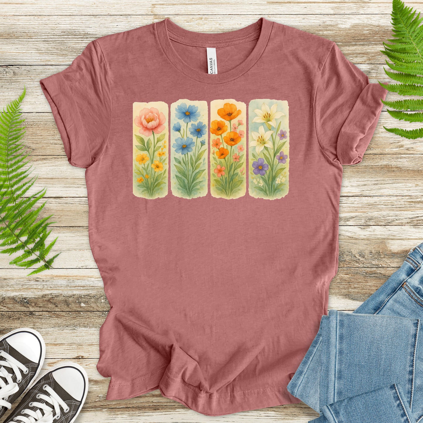 Pressed Wildflower Strips T-Shirt – Vintage Watercolor Floral Tee