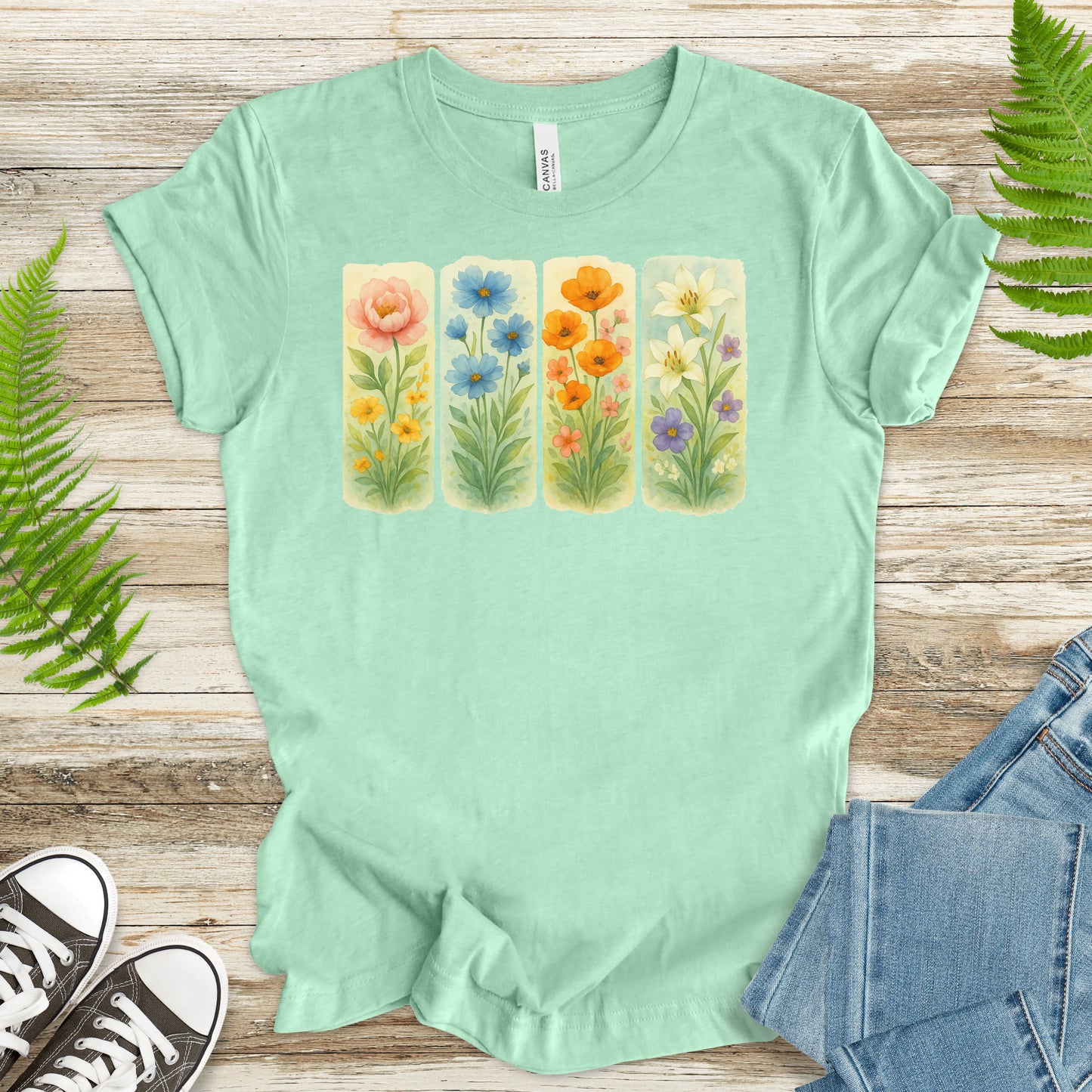 Pressed Wildflower Strips T-Shirt – Vintage Watercolor Floral Tee